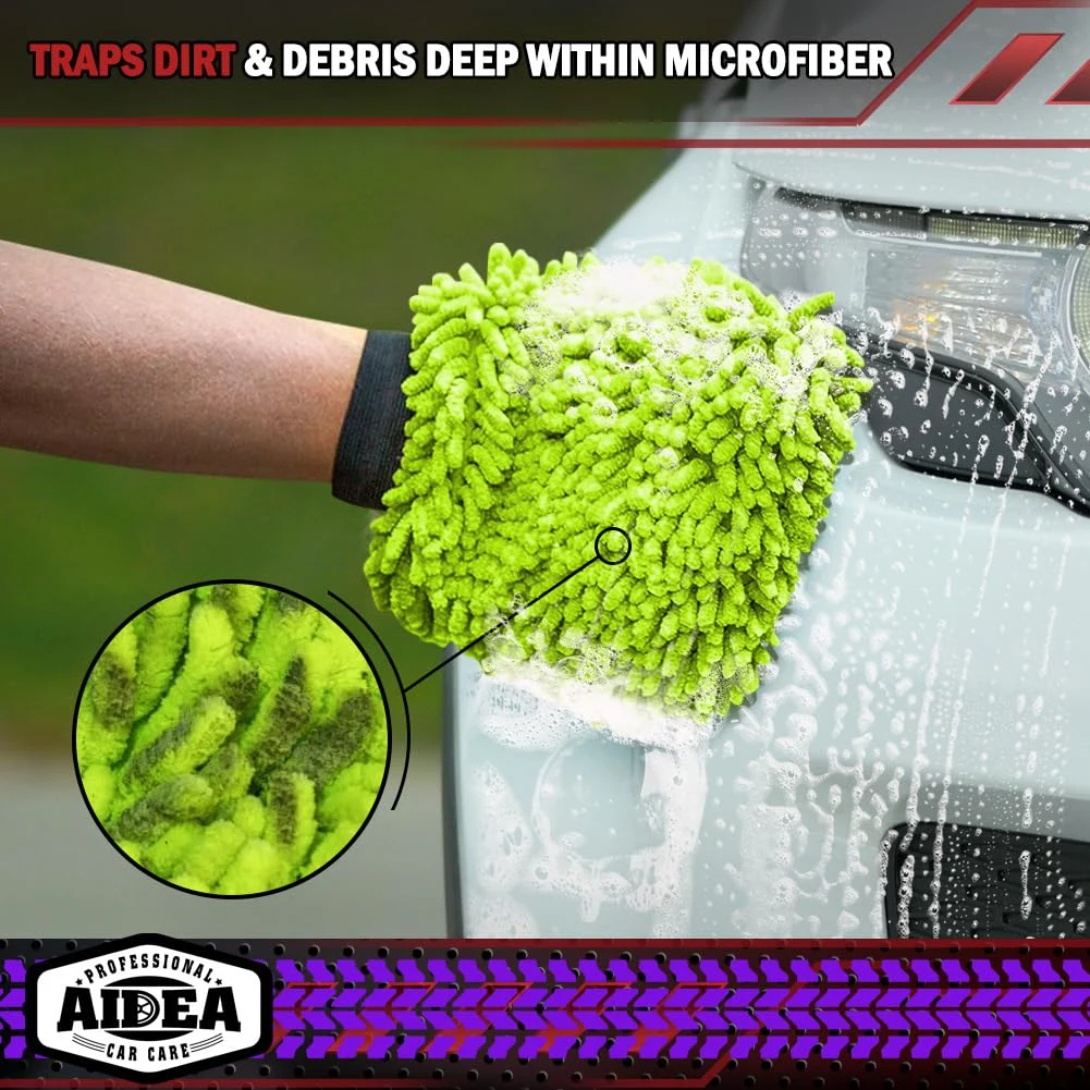 AIDEA Car Wash Mitt Microfiber-2PK, Car Wash Brush, Green, 7.12''X10.14'' | Scratch Free Lint Free, Premium Chenille Microfib product photo, view 6 of 13