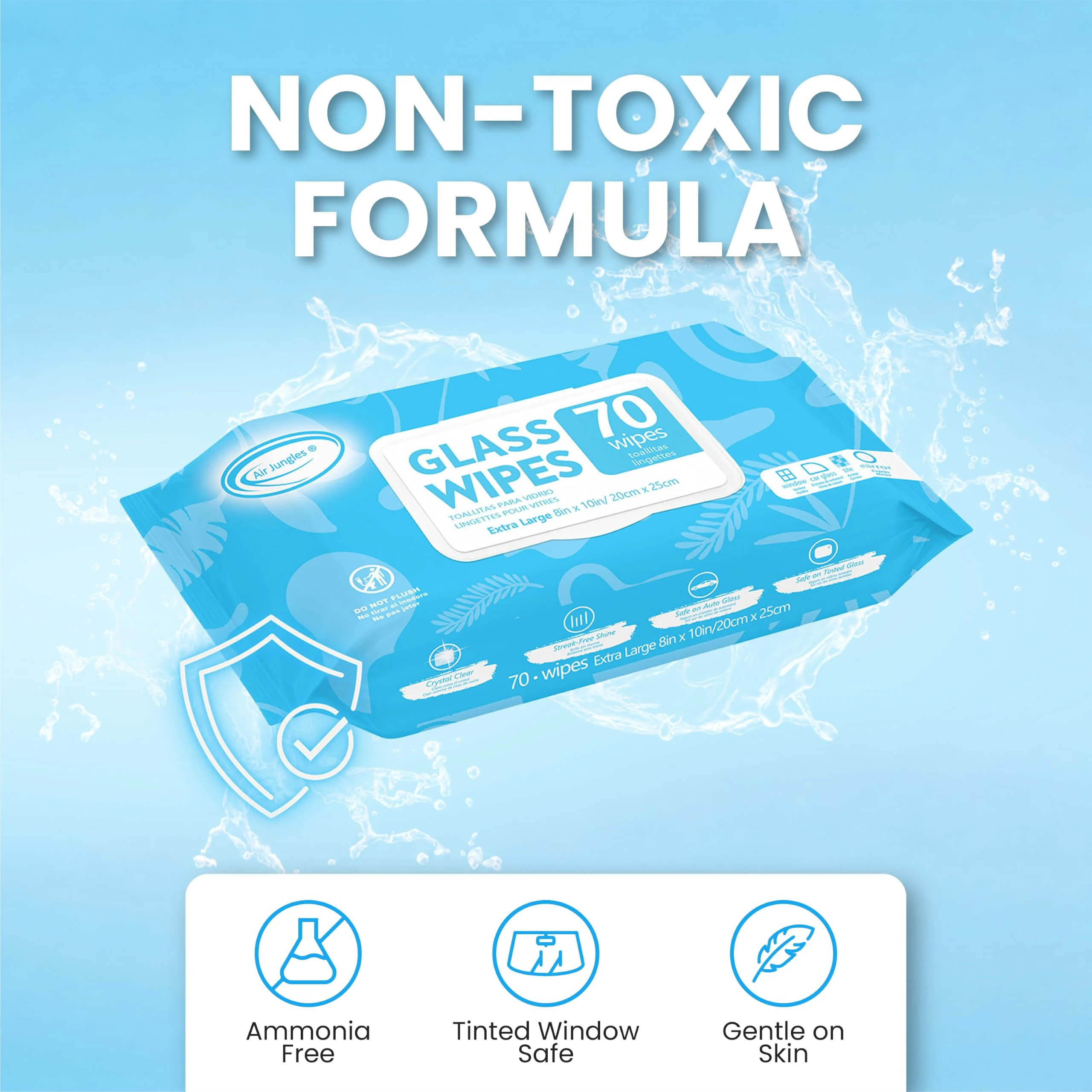 Air Jungles Glass & Window Cleaner Wipes 70 Count, XL 8x10 Inch | Ammonia-Free, Streak-Free, Safe For Car Windshield, Headlig product photo, view 5 of 15