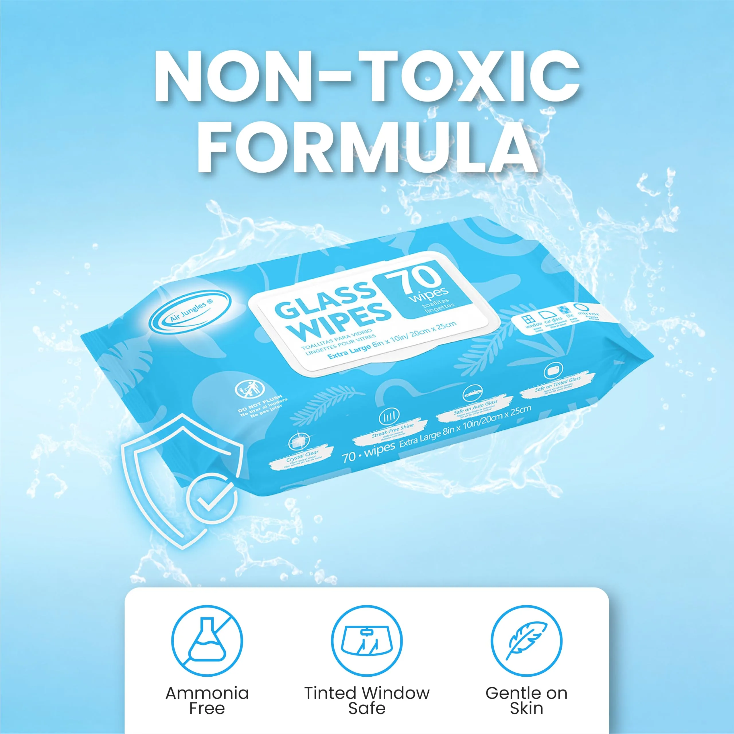 Air Jungles Glass & Window Cleaner Wipes 70 Count, XL 8x10 Inch | Ammonia-Free, Streak-Free, Safe For Car Windshield, Headlig product photo, view 12 of 15