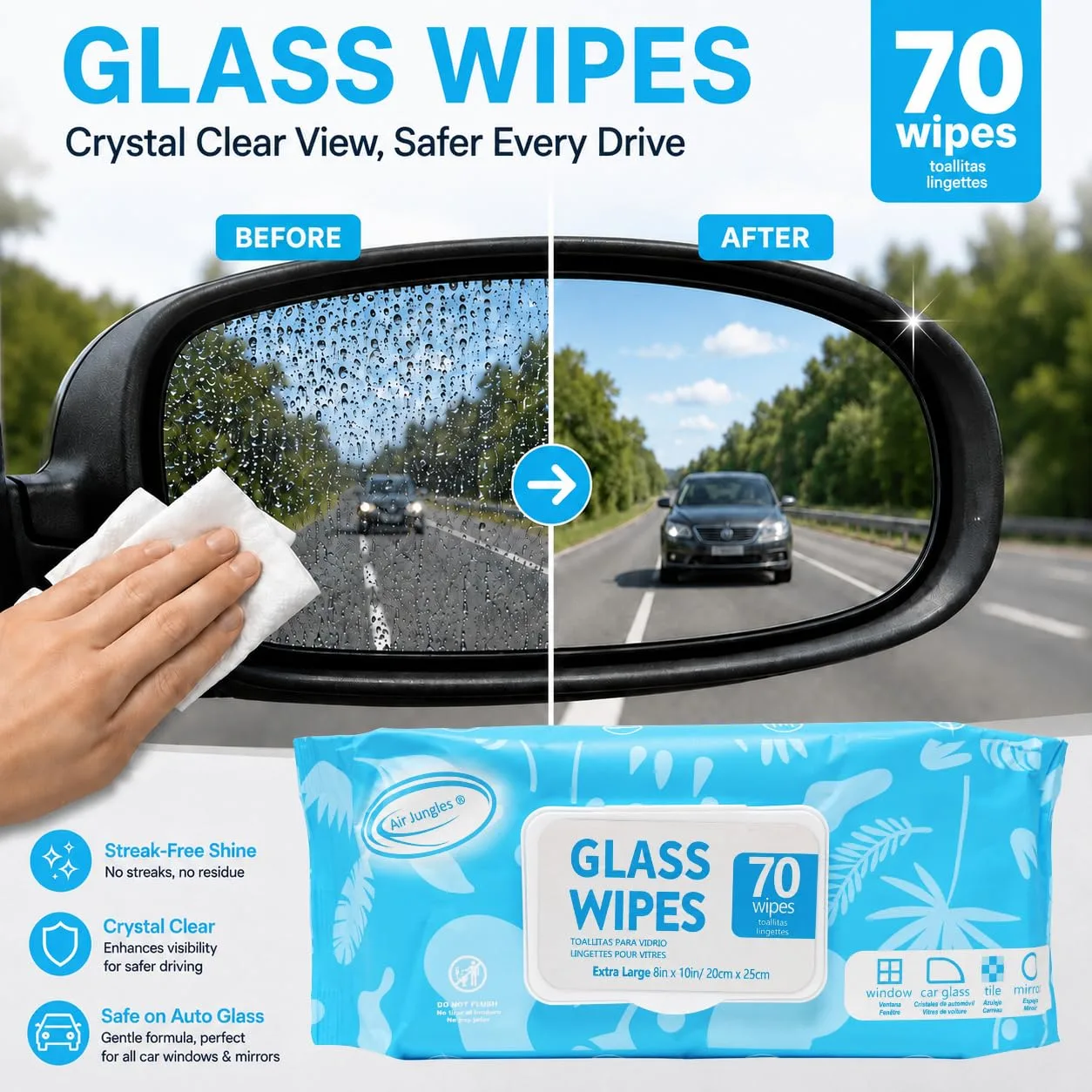 Air Jungles Glass & Window Cleaner Wipes 70 Count, XL 8x10 Inch | Ammonia-Free, Streak-Free, Safe For Car Windshield, Headlig product photo, view 14 of 15