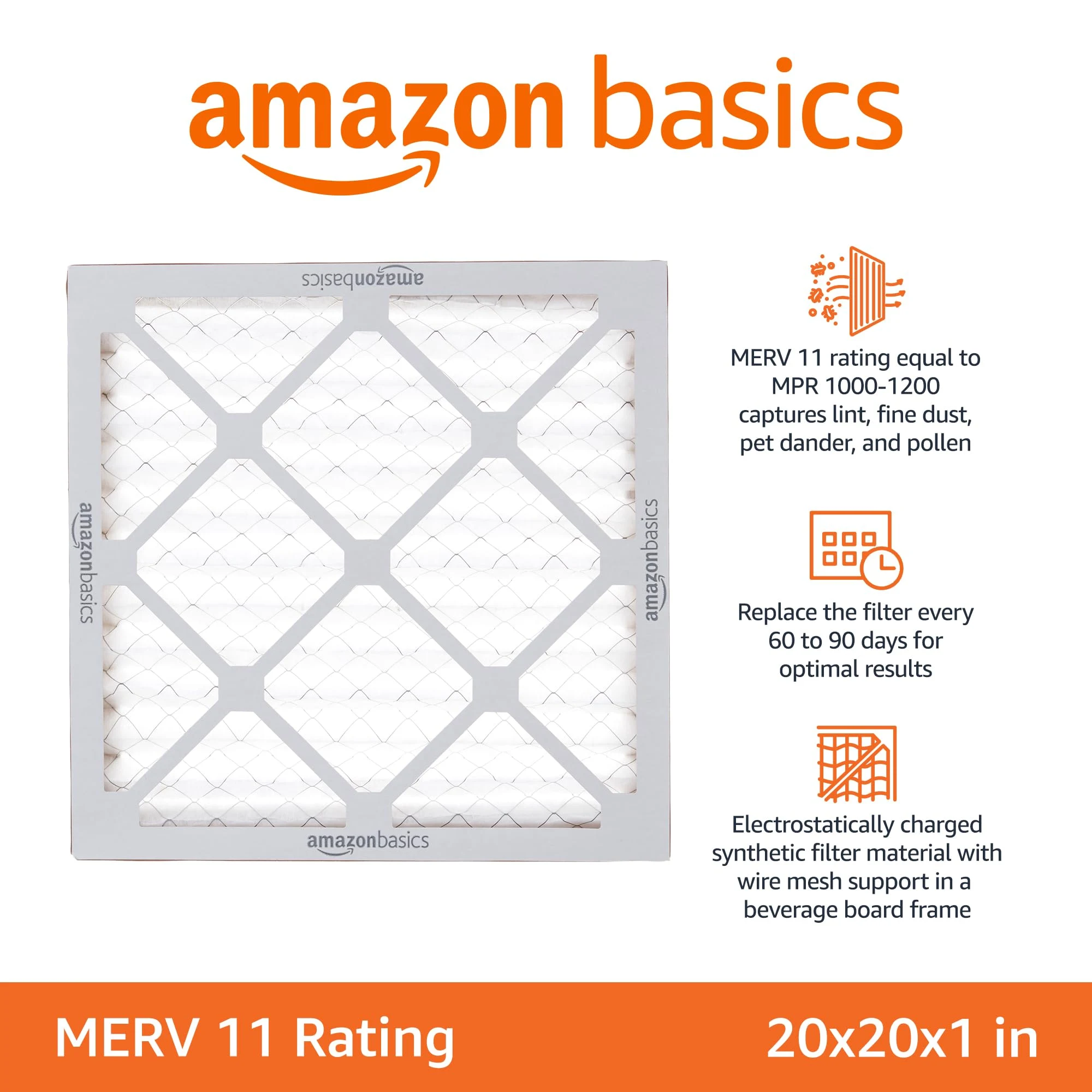 Amazon Basics 20x20x1 Air Filter 6-Pack, MERV 11 AC Furnace Filters, Dust, Pet, Allergen Control , Electrostatic (Actual Size product image 4