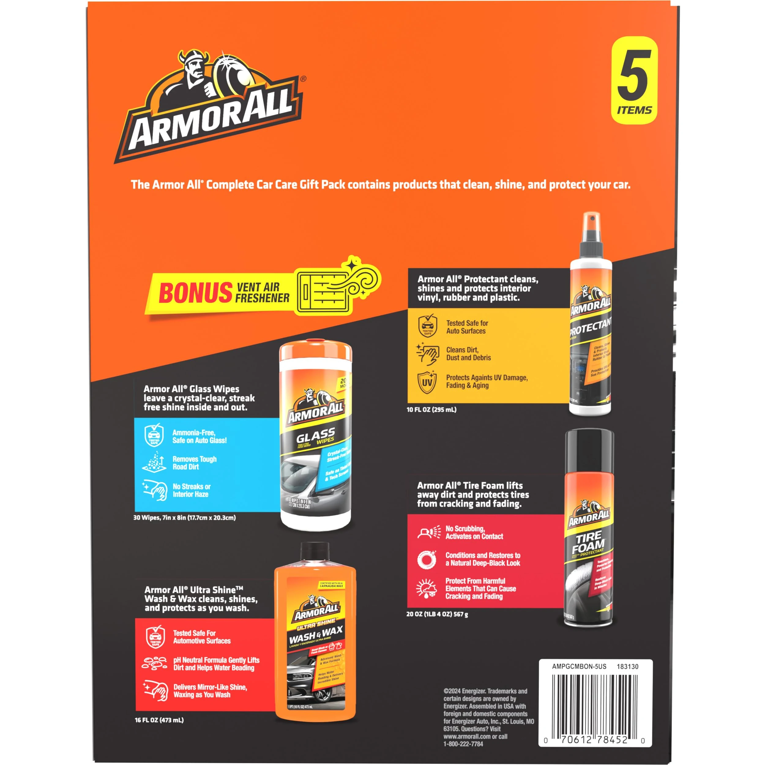 Armor All Car Cleaning Kit, Glass Wipes, Protectant, Wash & Wax, Tire Foam | 4-piece car wash detailing kit with ammonia-free product photo, view 8 of 15