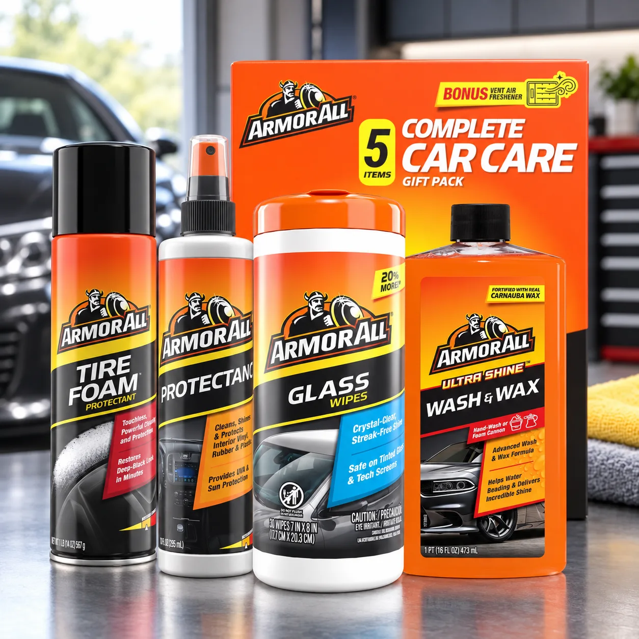 Armor All Car Cleaning Kit, Glass Wipes, Protectant, Wash & Wax, Tire Foam | 4-piece car wash detailing kit with ammonia-free product photo, view 9 of 15