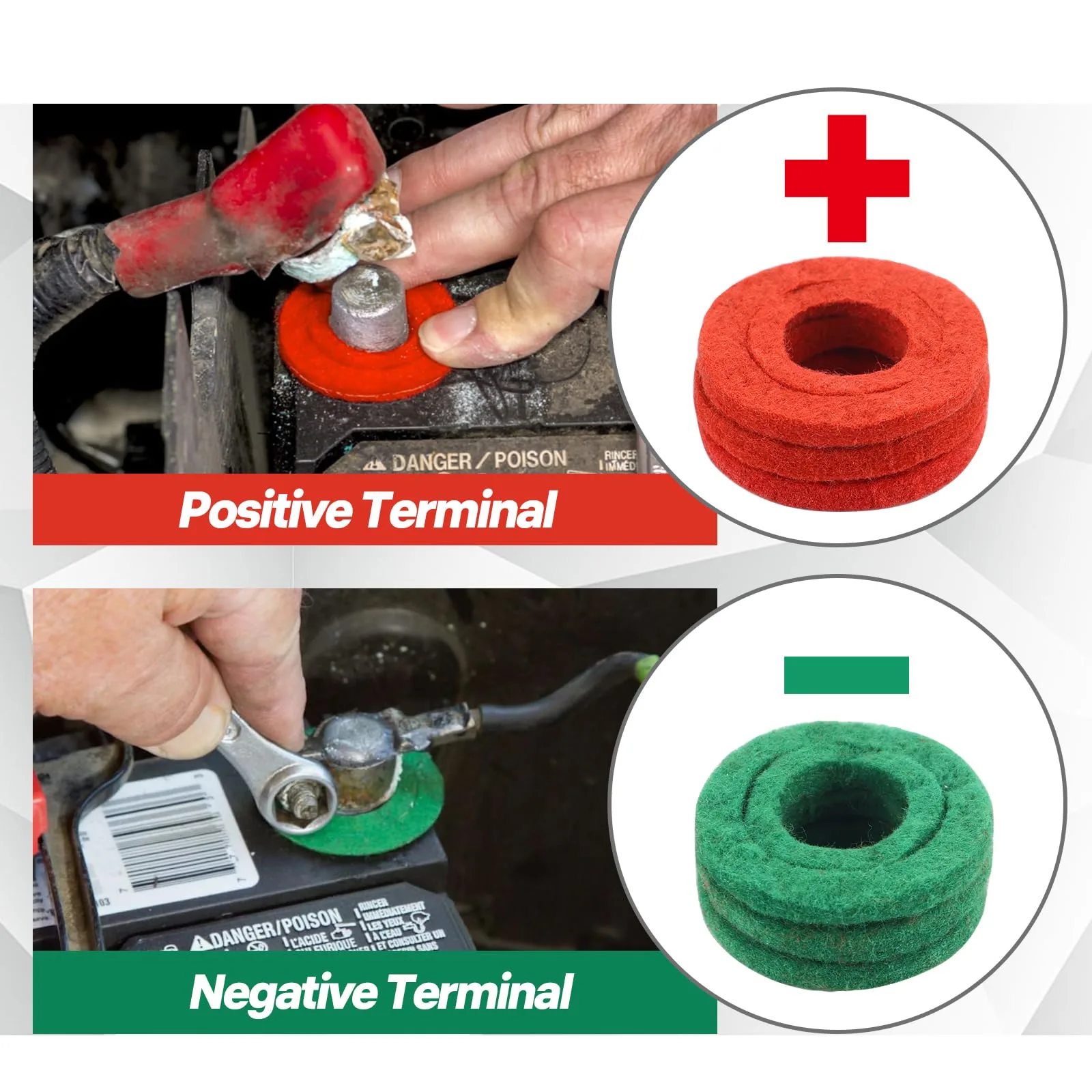 Battery Terminal Cleaner Tool Kit, 2-Pack Battery Post Wire Brush with Metal Case and 10 Anti-Corrosion Fiber Washers (5 Red product photo, view 13 of 15