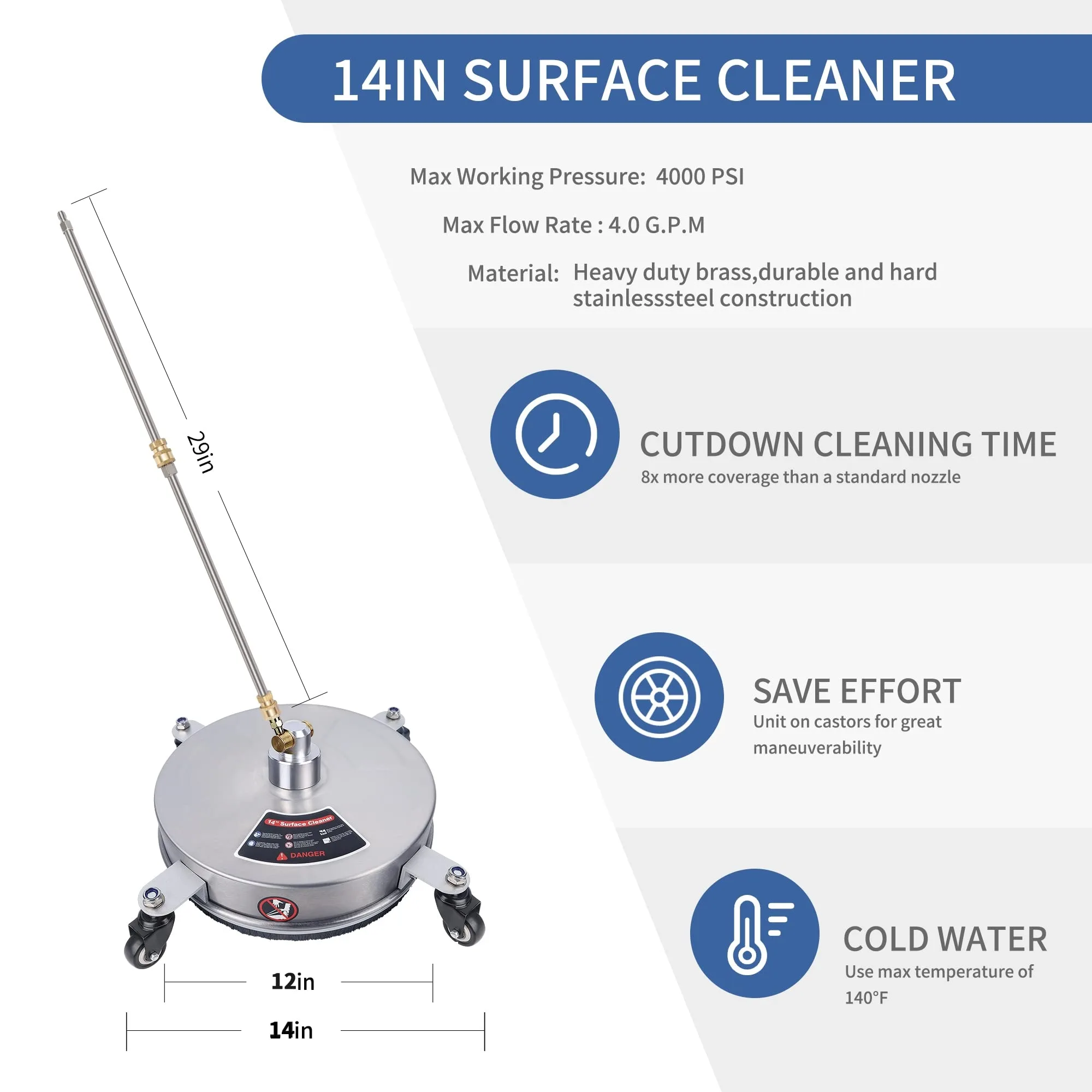Biswing 14" Pressure Washer Surface Cleaner with 4 Wheels, Stainless Steel Power Washer Accessory for Driveways Sidewalks Pat product photo, view 11 of 15