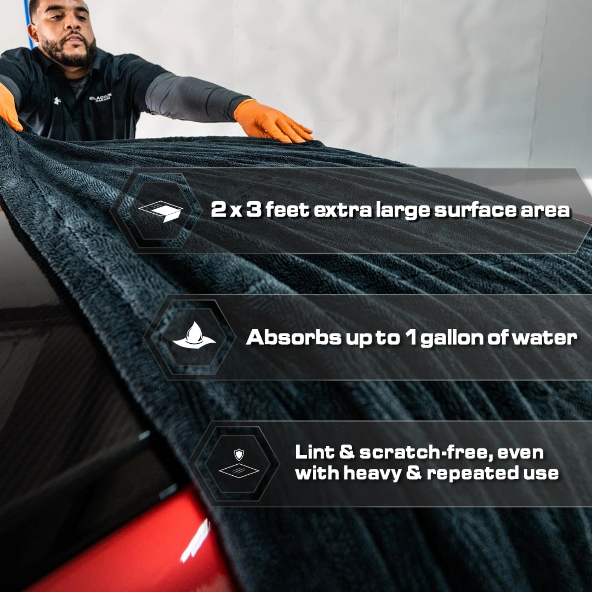 Blackline Microfiber Car Drying Towel 24"x36", 1300GSM Twisted Loop | Twisted Loop microfiber dries your car in one pass-1300 product photo, view 5 of 15