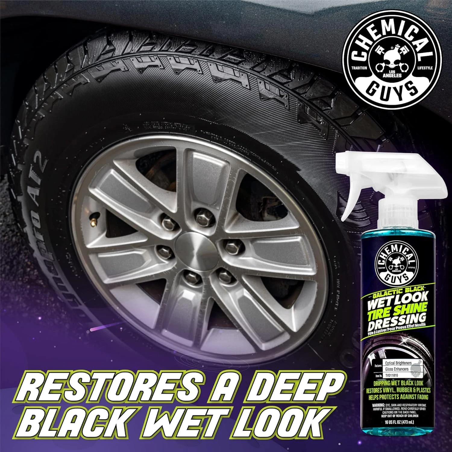 Chemical Guys Galactic Black Wet Look Tire Shine Spray, High Gloss, 16 oz product photo, view 6 of 7