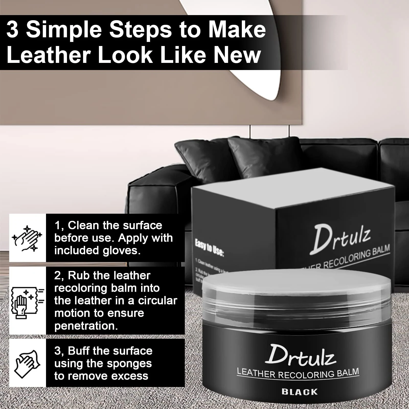 drtulz Black Leather Recoloring Balm, Leather Color Restorer Conditioner, Leather Repair Kits for Vinyl Furniture, Sofa, Car product photo, view 6 of 7