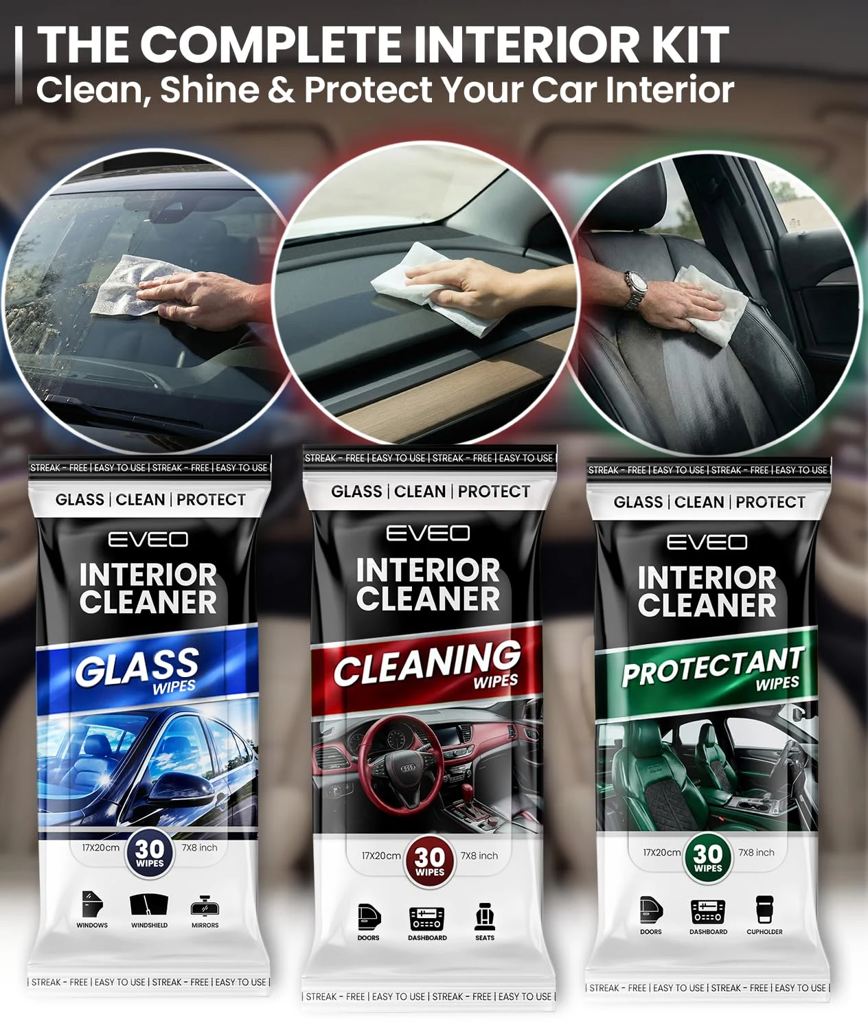 EVEO Car Wipes Interior Cleaning Kit -3-in-1 Car Cleaning Wipes Car Interior Wipes product photo, view 3 of 6