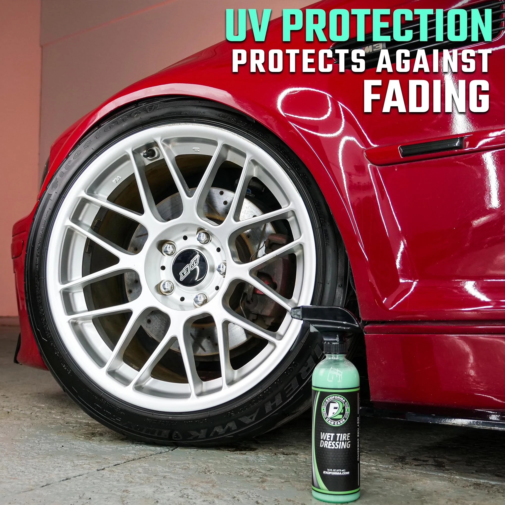 ExoForma Wet Tire Dressing Spray - Extremely High Shine Tire Dressing for That Wet Look - No Sling, Non-Greasy Silicone Formu product photo, view 4 of 7