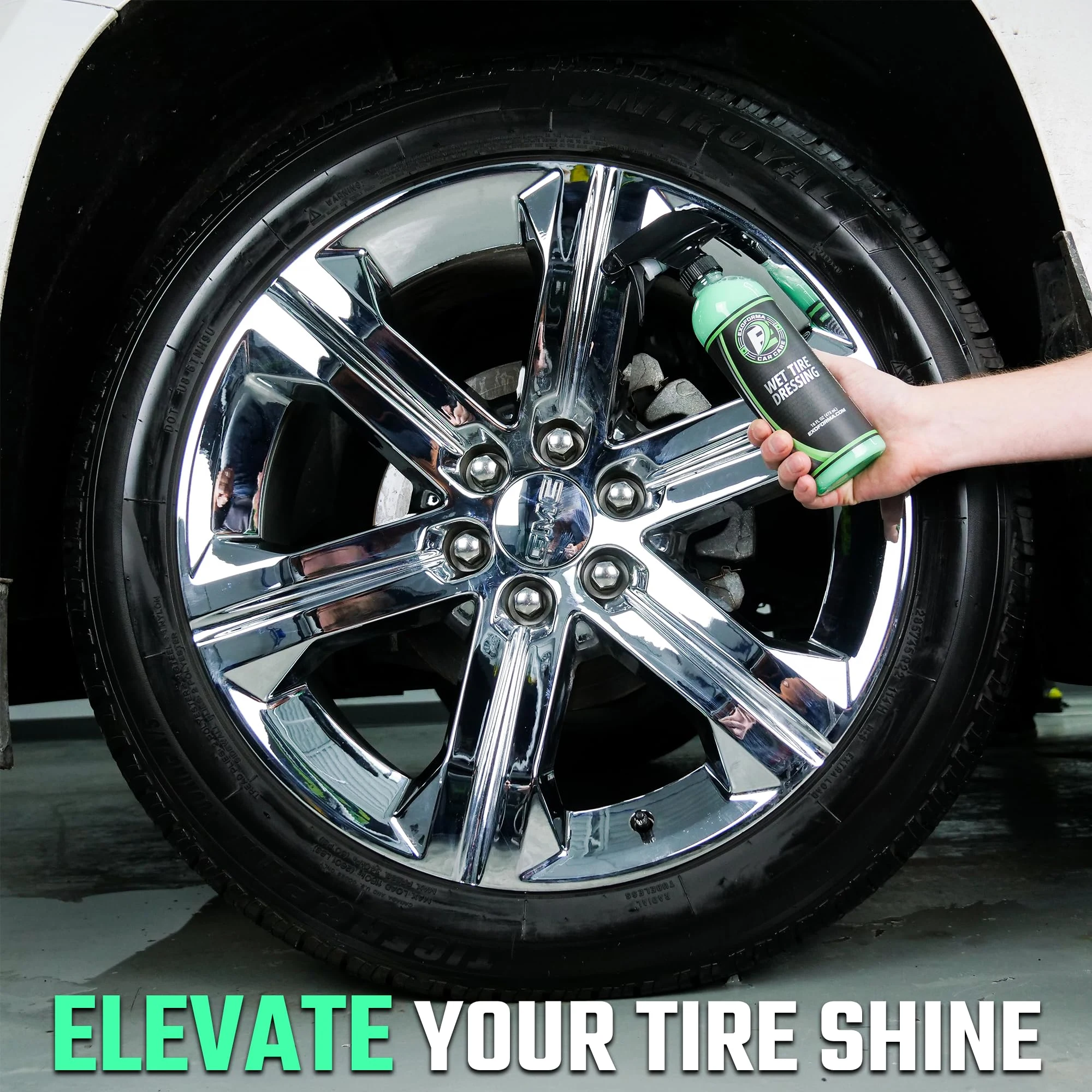 ExoForma Wet Tire Dressing Spray - Extremely High Shine Tire Dressing for That Wet Look - No Sling, Non-Greasy Silicone Formu product photo, view 5 of 7