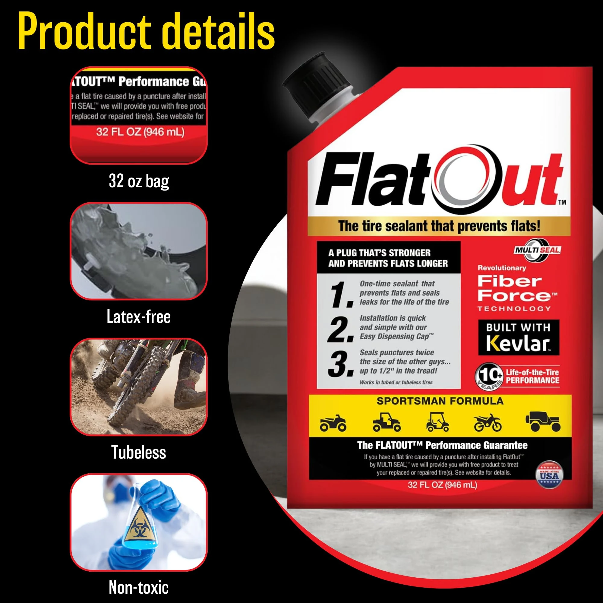 FlatOut Tire Sealant Sportsman Formula - Prevent Flat Tires, Seal Leaks, Contains Kevlar, 32-Ounce Bottle, 1-Pack… product photo, view 6 of 7