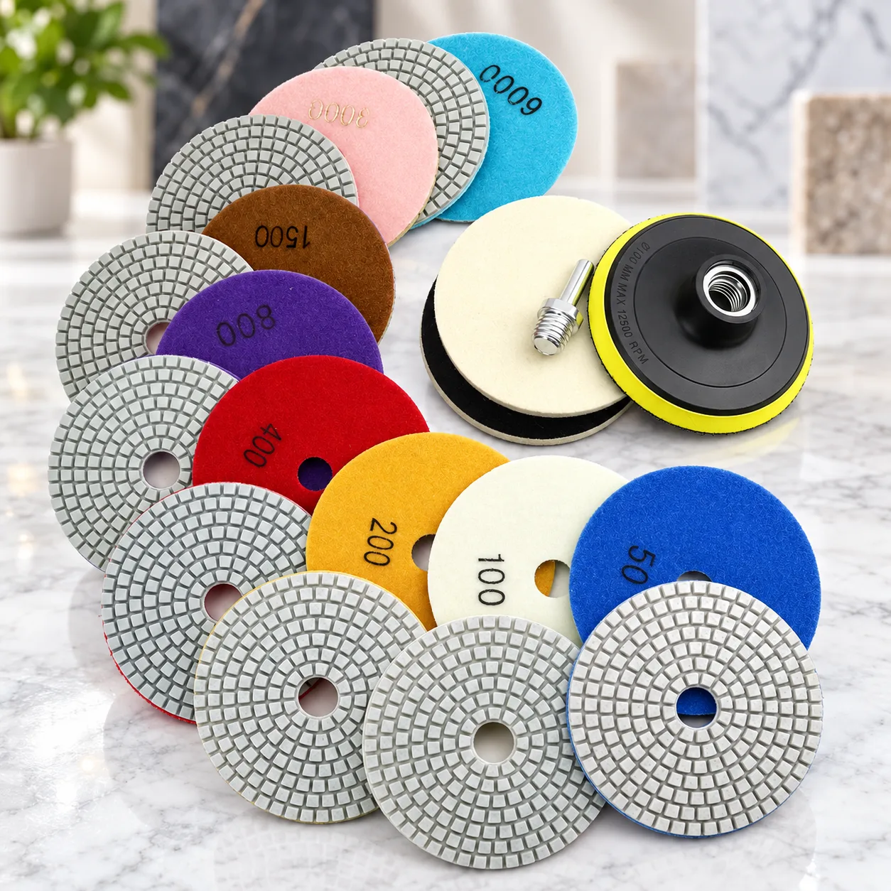4 Inch Diamond Polishing Pads with 5/8’’-11 Backer Pad, 12PCS Wet/Dry Granite Stone Polish Pad Kit for Drill, Grinder, Polish product photo, view 10 of 16