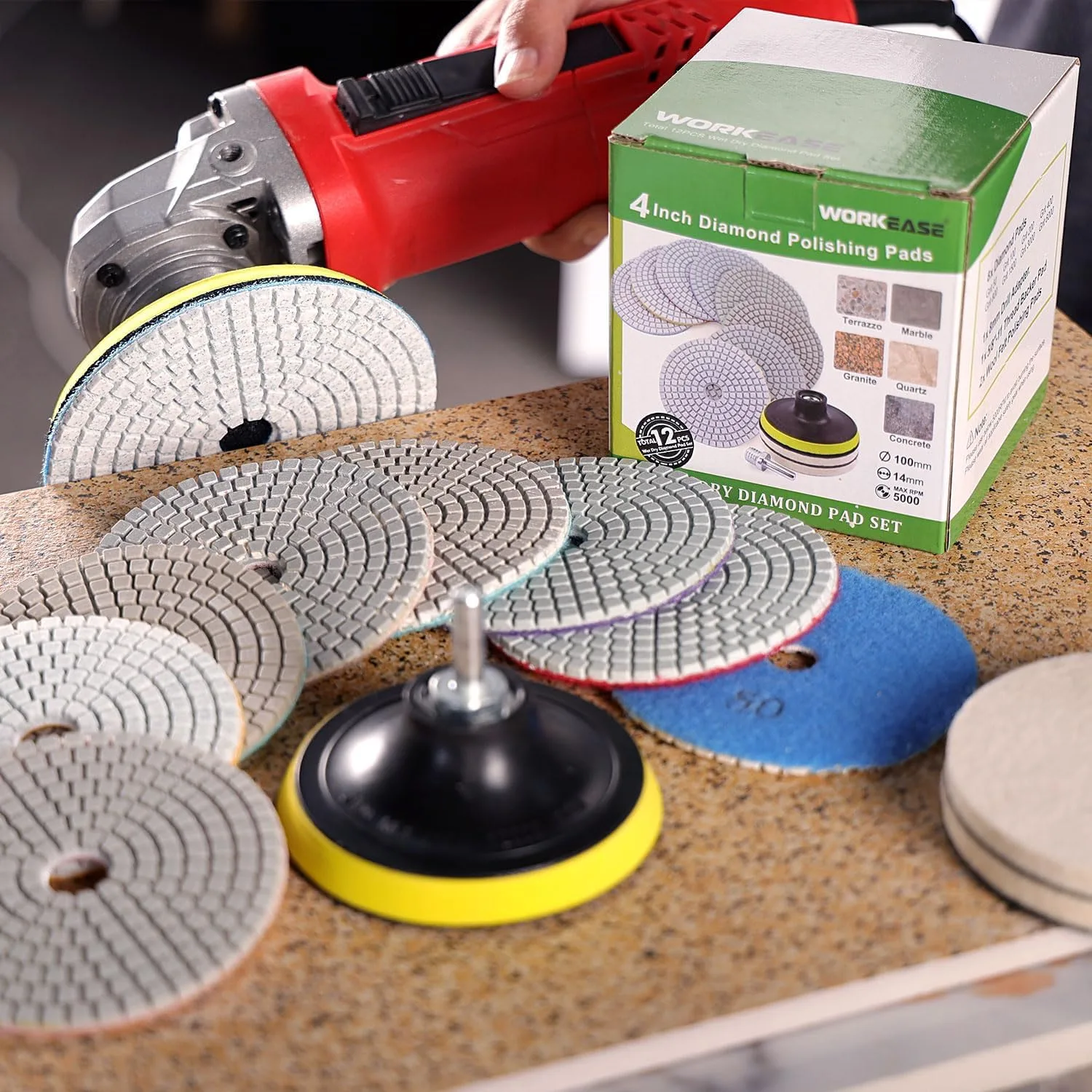 4 Inch Diamond Polishing Pads with 5/8’’-11 Backer Pad, 12PCS Wet/Dry Granite Stone Polish Pad Kit for Drill, Grinder, Polish product photo, view 14 of 16
