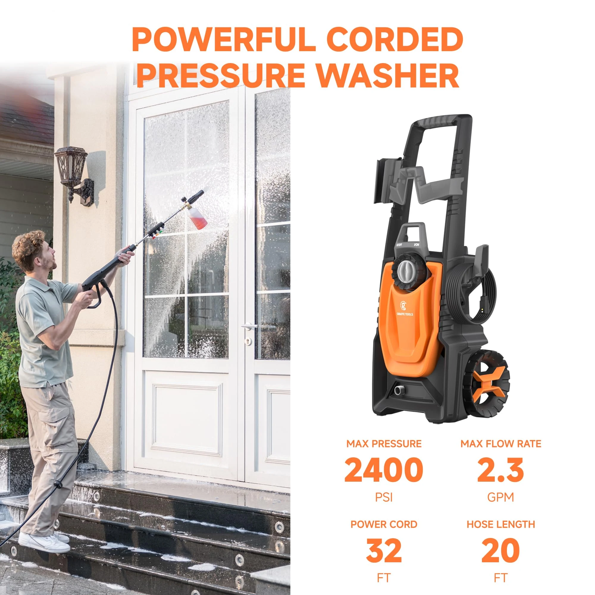 Giraffe Tools Electric Pressure Washer, 2400 PSI 2.3 GPM with 20FT Hose product photo, view 6 of 10