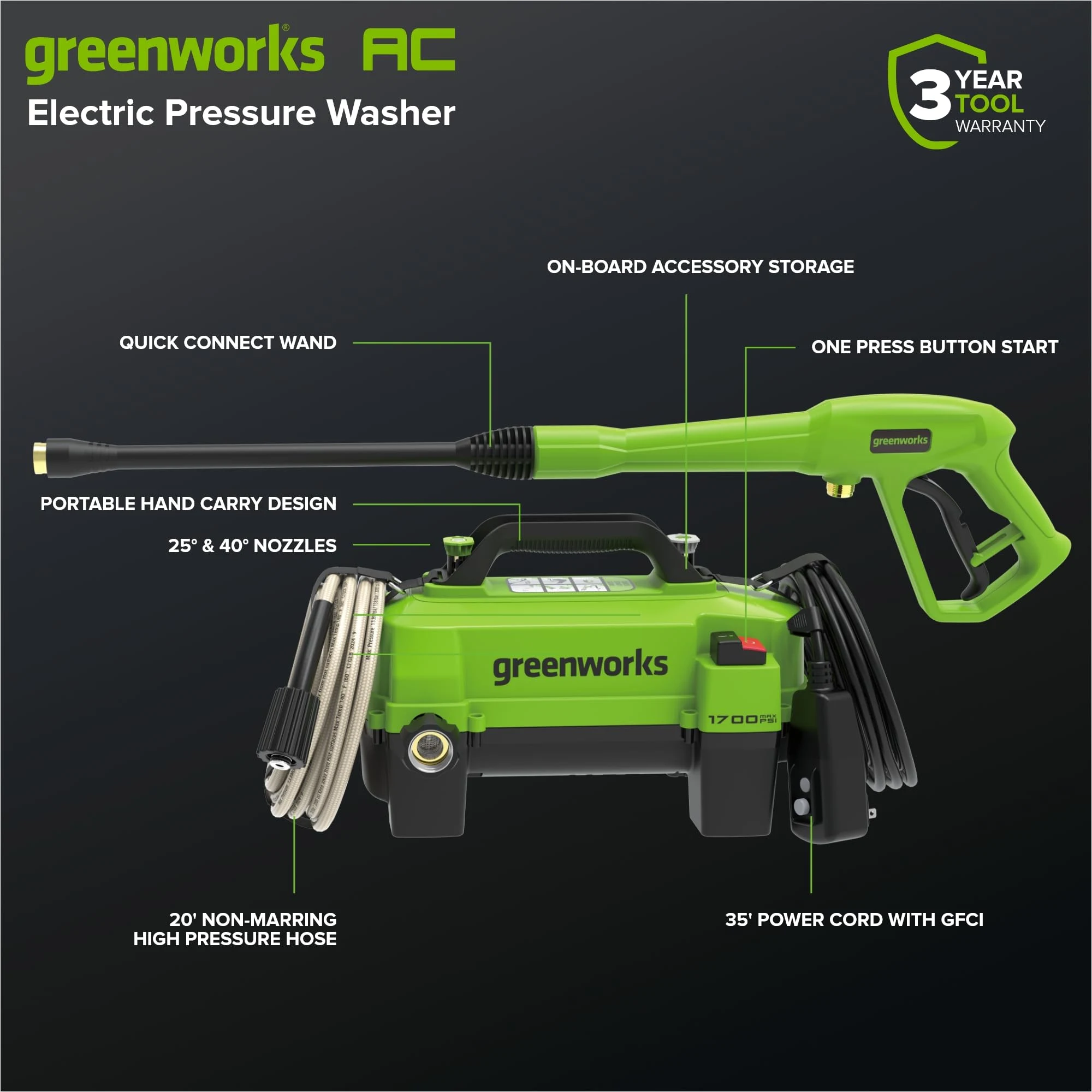 Greenworks 1700 PSI (1.2 GPM) Electric Pressure Washer product photo, view 4 of 7