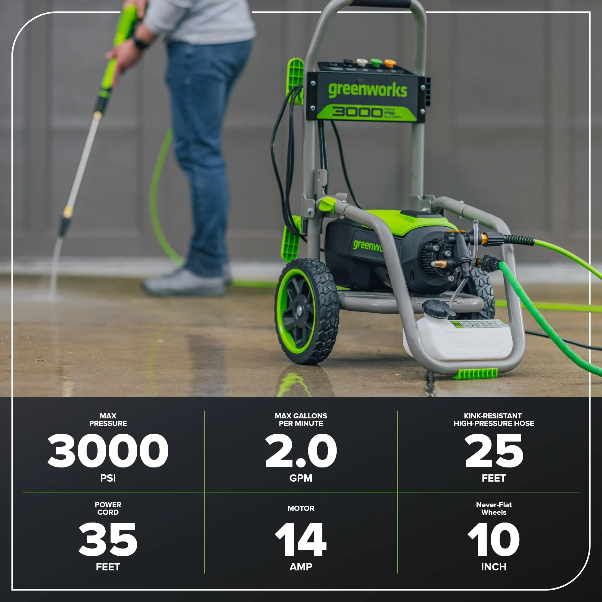 Greenworks 3000 PSI (2.0 GPM Max) Brushless Electric Pressure Washer product photo, view 5 of 7