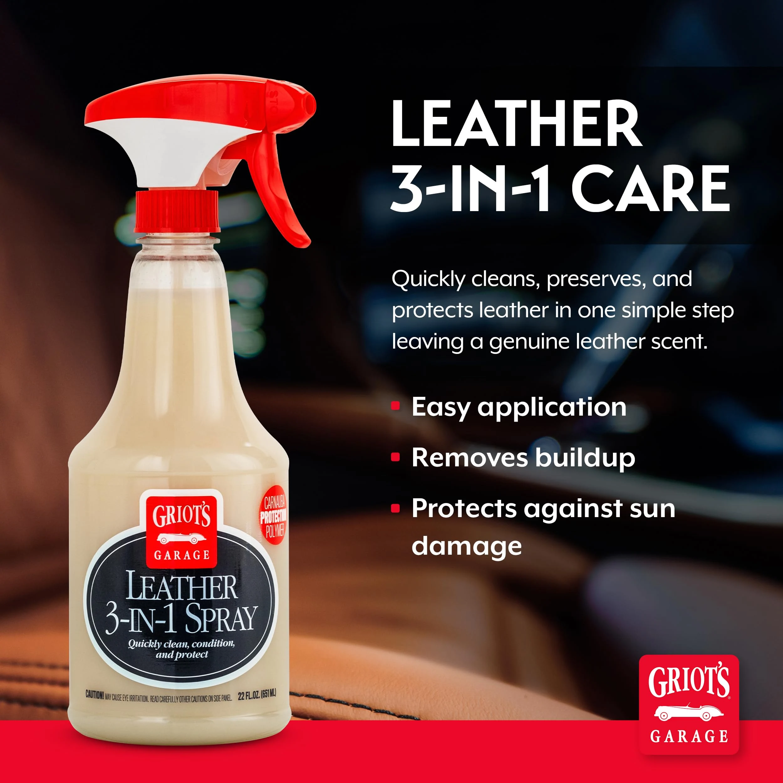 Griot's Garage Leather 3-in-1 Spray, Cleaner and Conditioner for Leather and Vinyl, Car Seats and Vehicle Interior, Truck, RV product photo, view 3 of 7