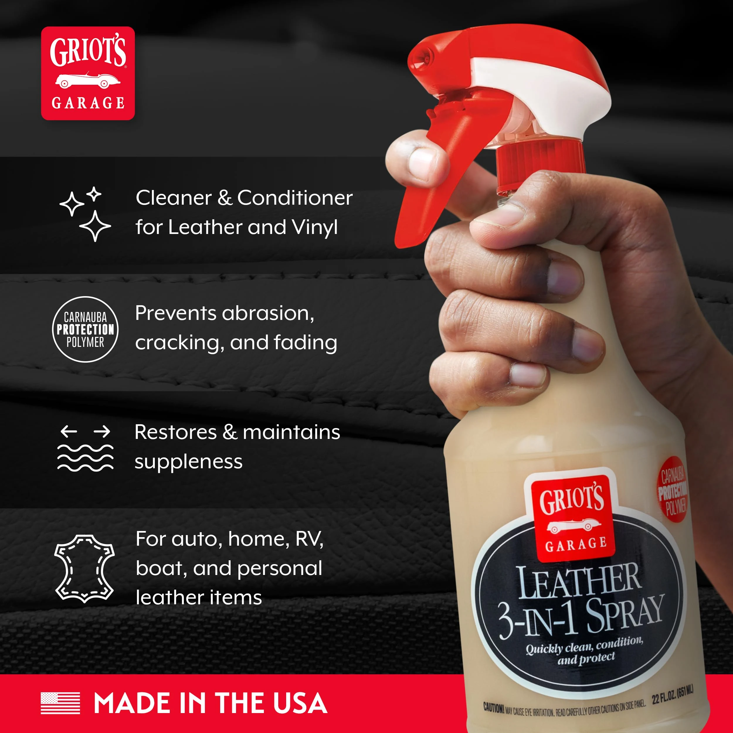 Griot's Garage Leather 3-in-1 Spray, Cleaner and Conditioner for Leather and Vinyl, Car Seats and Vehicle Interior, Truck, RV product photo, view 4 of 7