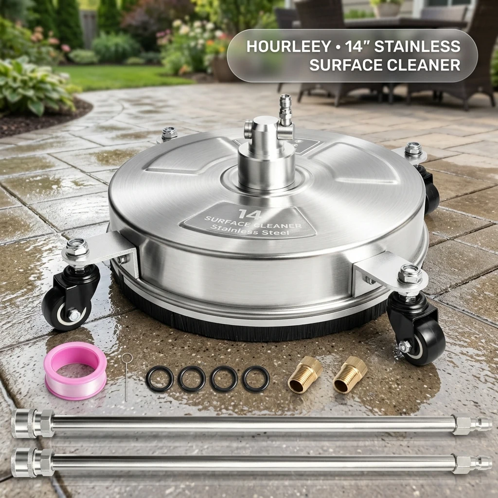 Hourleey 14" Pressure Washer Surface Cleaner, Stainless Steel Surface Cleaner with 4 Wheels for Concrete, Patio, Sidewalk, De product photo