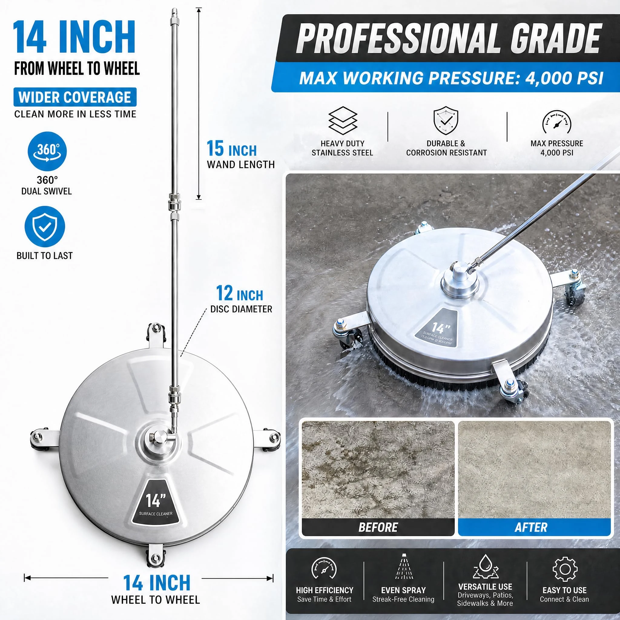 Hourleey 14" Pressure Washer Surface Cleaner, Stainless Steel Surface Cleaner with 4 Wheels for Concrete, Patio, Sidewalk, De product photo, view 3 of 7