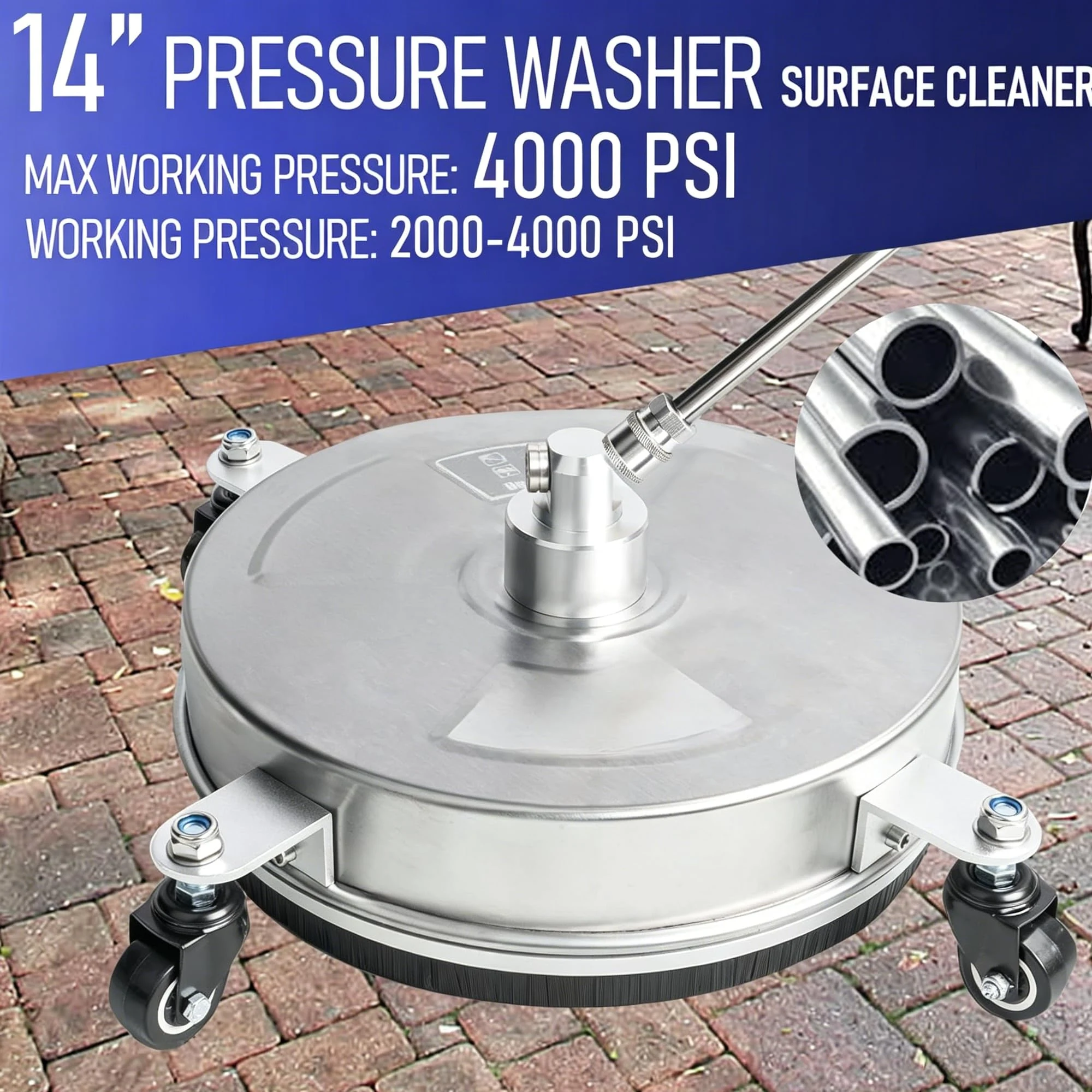 Hourleey 14" Pressure Washer Surface Cleaner, Stainless Steel Surface Cleaner with 4 Wheels for Concrete, Patio, Sidewalk, De product photo, view 4 of 7