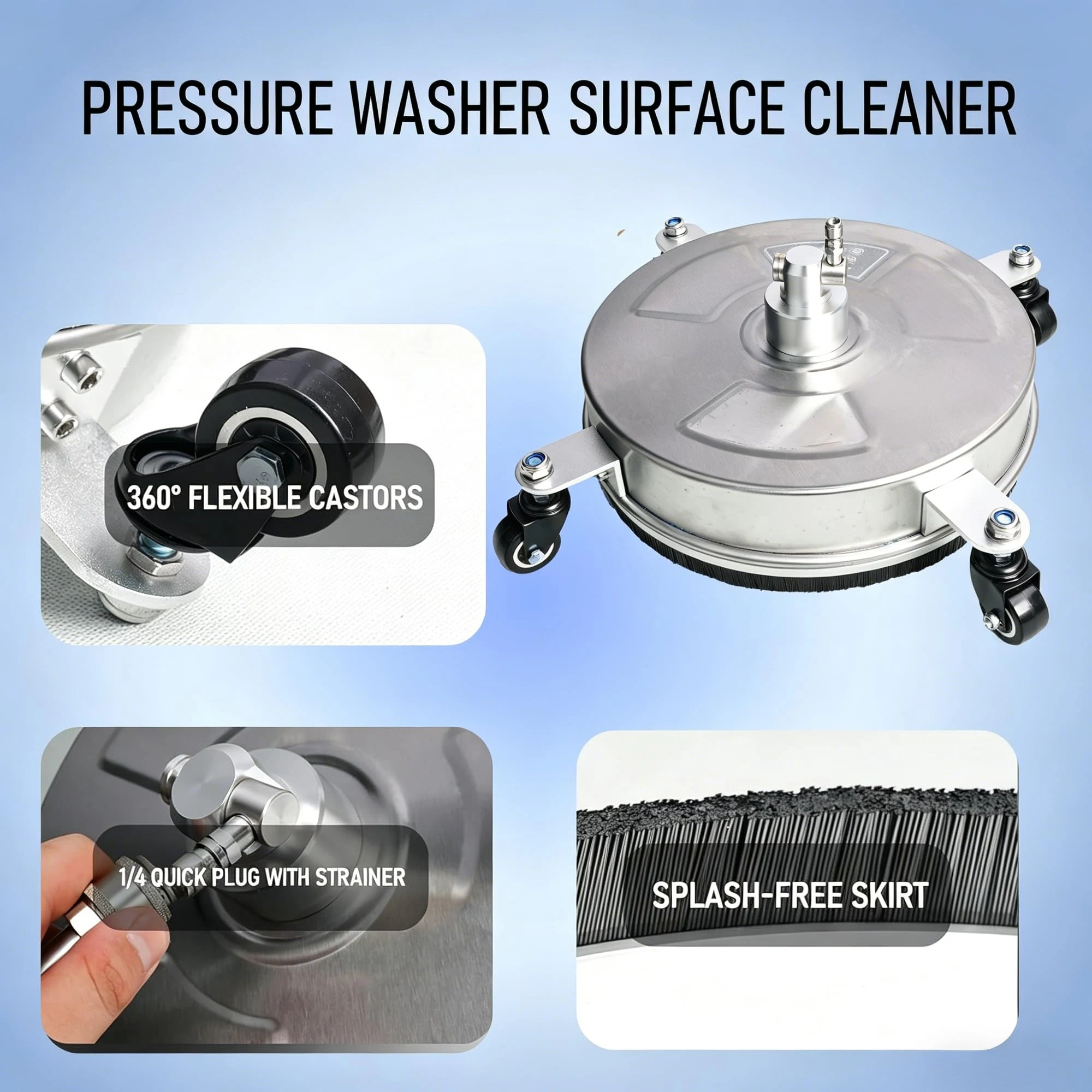 Hourleey 14" Pressure Washer Surface Cleaner, Stainless Steel Surface Cleaner with 4 Wheels for Concrete, Patio, Sidewalk, De product photo, view 6 of 7