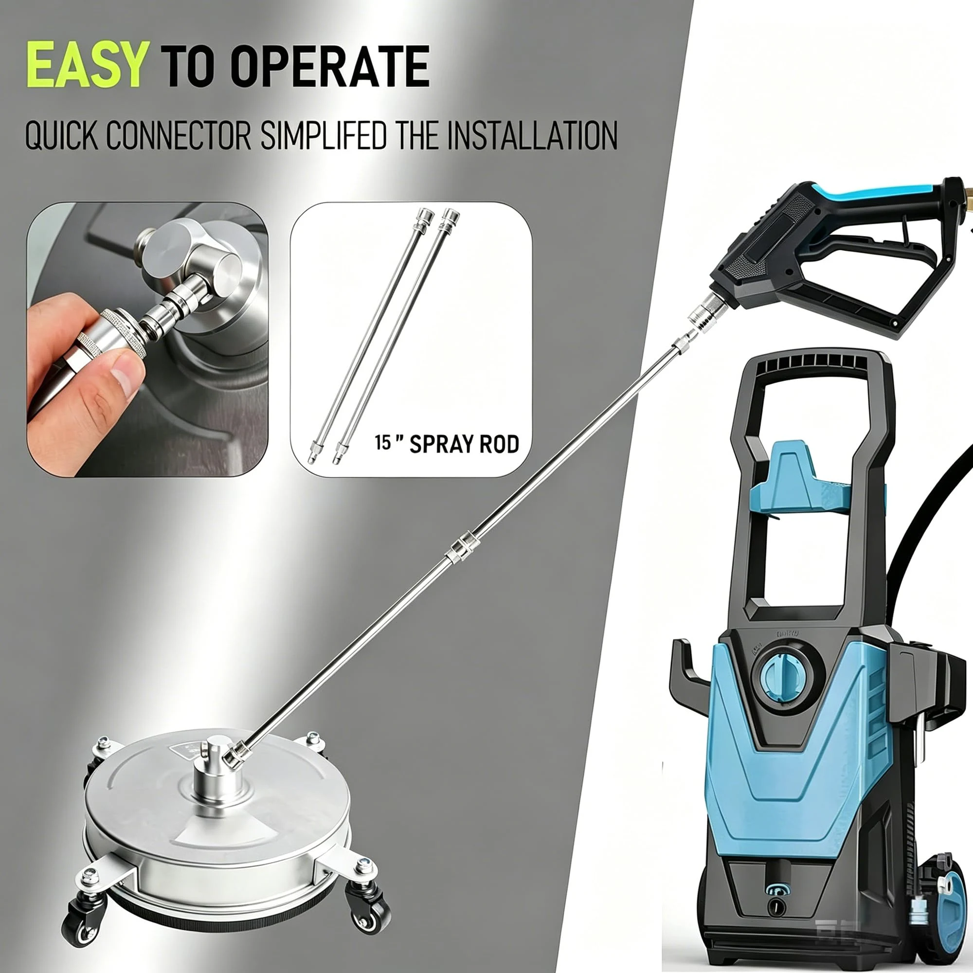 Hourleey 14" Pressure Washer Surface Cleaner, Stainless Steel Surface Cleaner with 4 Wheels for Concrete, Patio, Sidewalk, De product photo, view 7 of 7