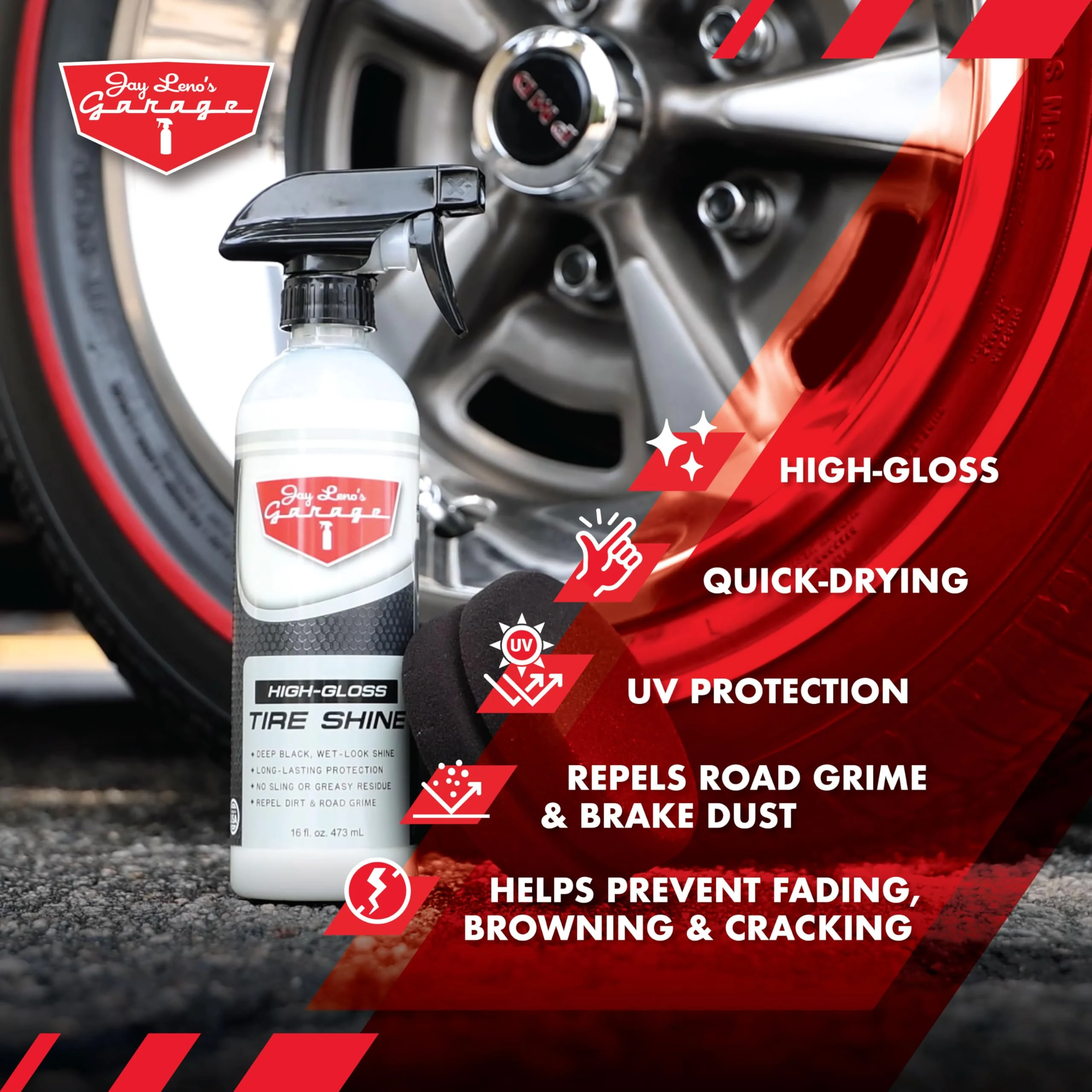 Jay Leno's Garage Tire Shine Delivers long-lasting High Gloss with a Deep Black Wet Look Glow. This Tire Dressing Spray and C product photo, view 6 of 7