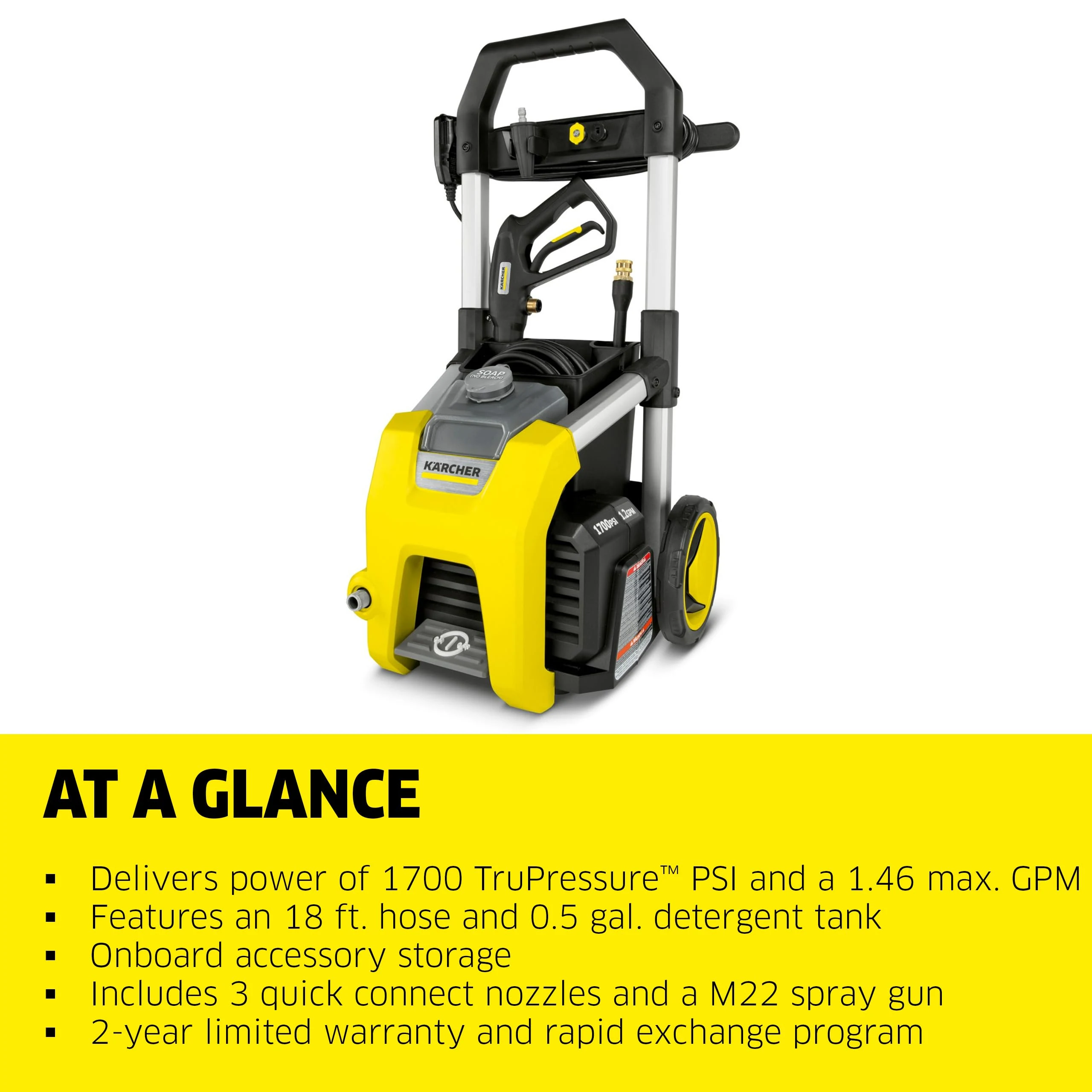 Kärcher Pressure Washer K1700, CETA Certified, 3 Spray Nozzles, Detergent Tank, for Cars, Driveways, Siding, Patios, 1.2 max product photo, view 4 of 7