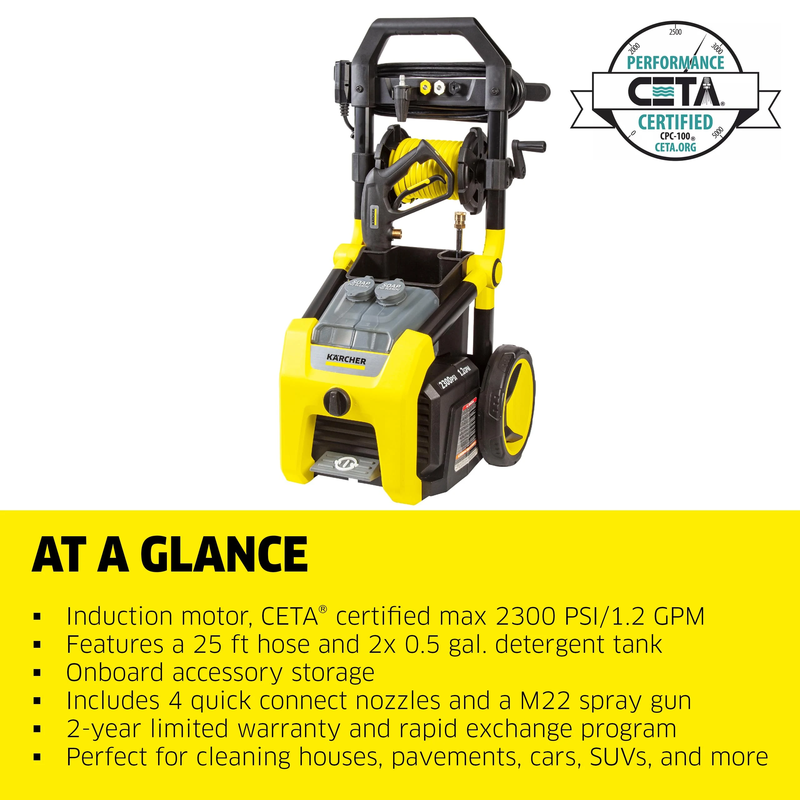 Kärcher Pressure Washer K2300PS, CETA Certified, 4 Spray Nozzles, Detergent Tank, Hose Reel, for Cars, Driveways, Siding, Pat product photo, view 4 of 7