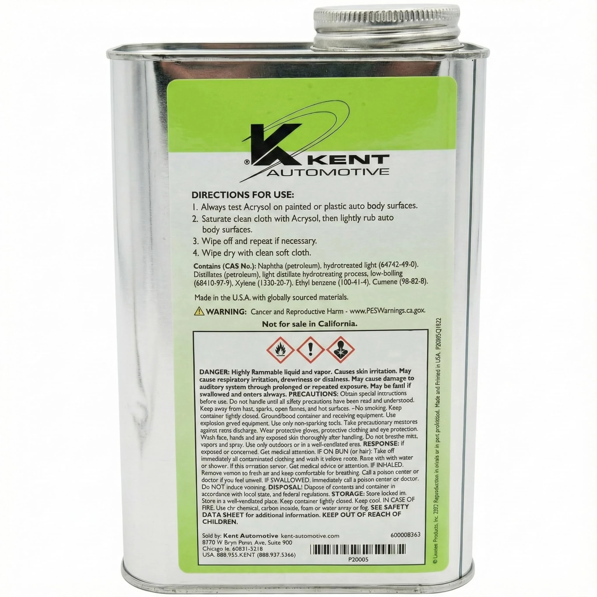 Kent ACRYSOL Body Solvent, Professional-Grade Surface Cleaner for Automotive Paint Prep – Fast-Acting Wax, Grease & Adhesive product photo, view 3 of 4