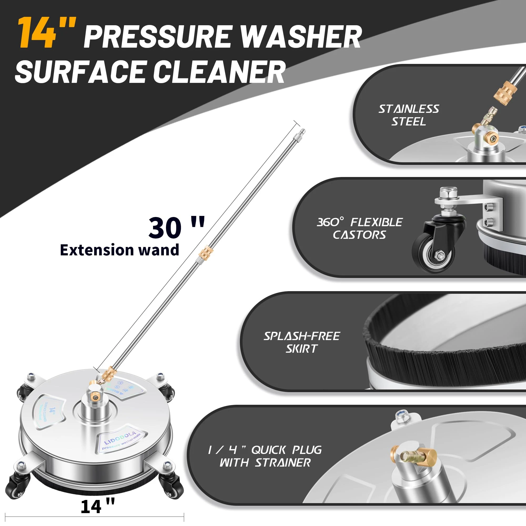 LidoDola 14'' Pressure Washer Surface Cleaner, Power Washer Accessory product photo, view 3 of 7