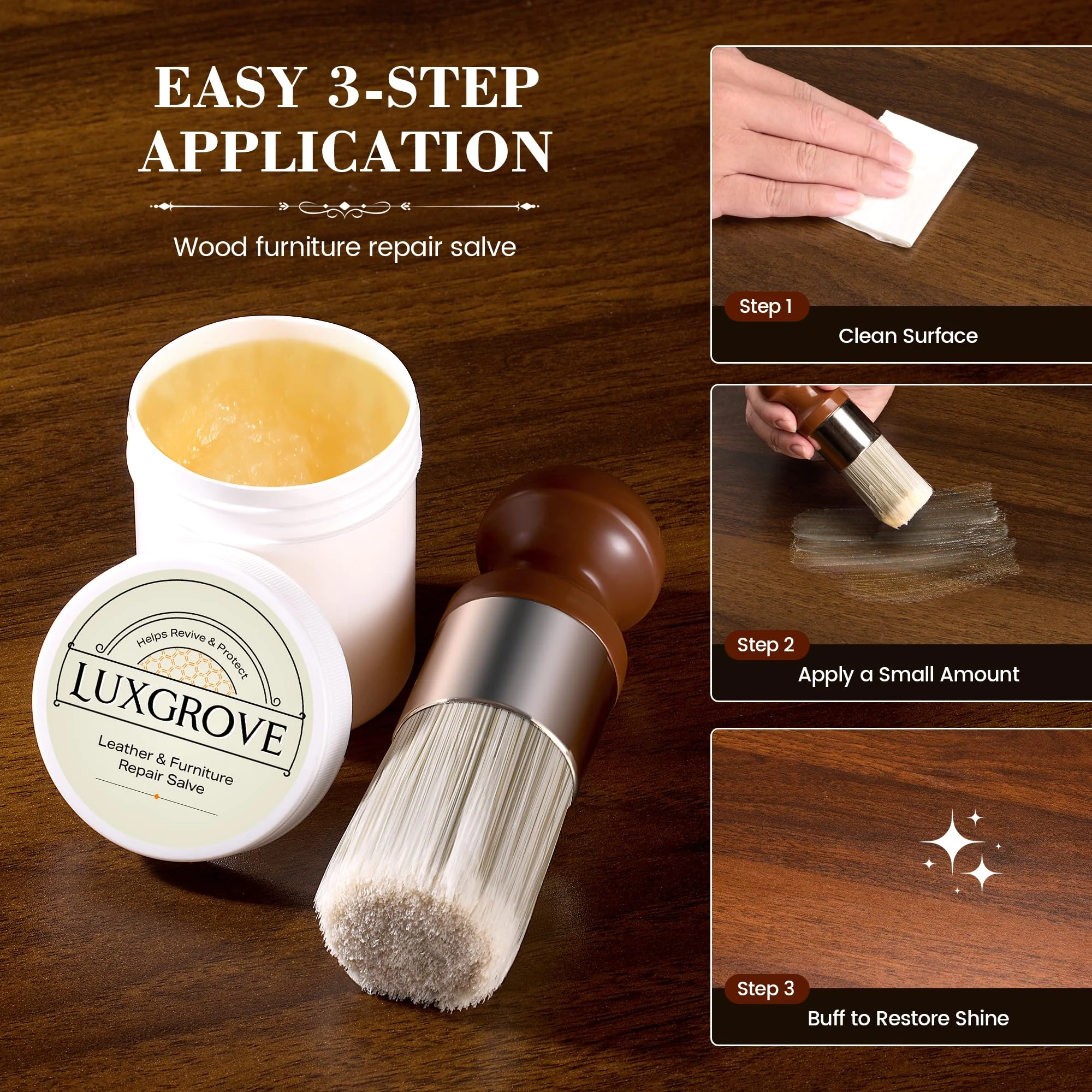LUXGROVE® Wood & Leather Furniture Repair Salve, Conditioning Balm for Couches, Car Seats, Tables, Cabinets, Doors, Shoes, Pu product photo, view 4 of 7