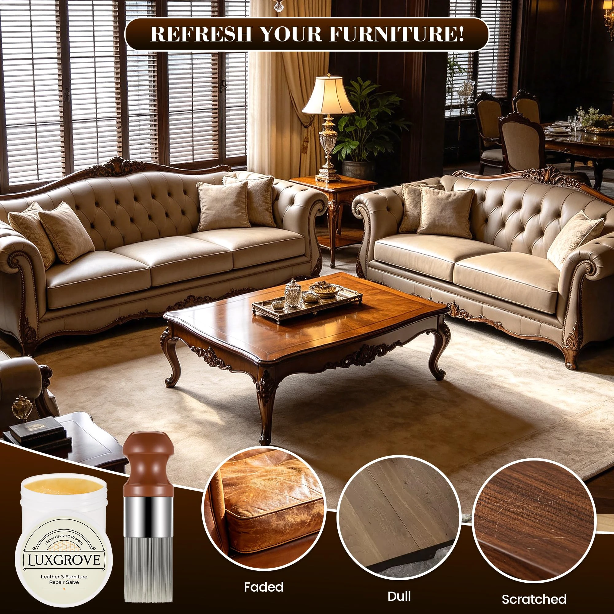 LUXGROVE® Wood & Leather Furniture Repair Salve, Conditioning Balm for Couches, Car Seats, Tables, Cabinets, Doors, Shoes, Pu product photo, view 7 of 7