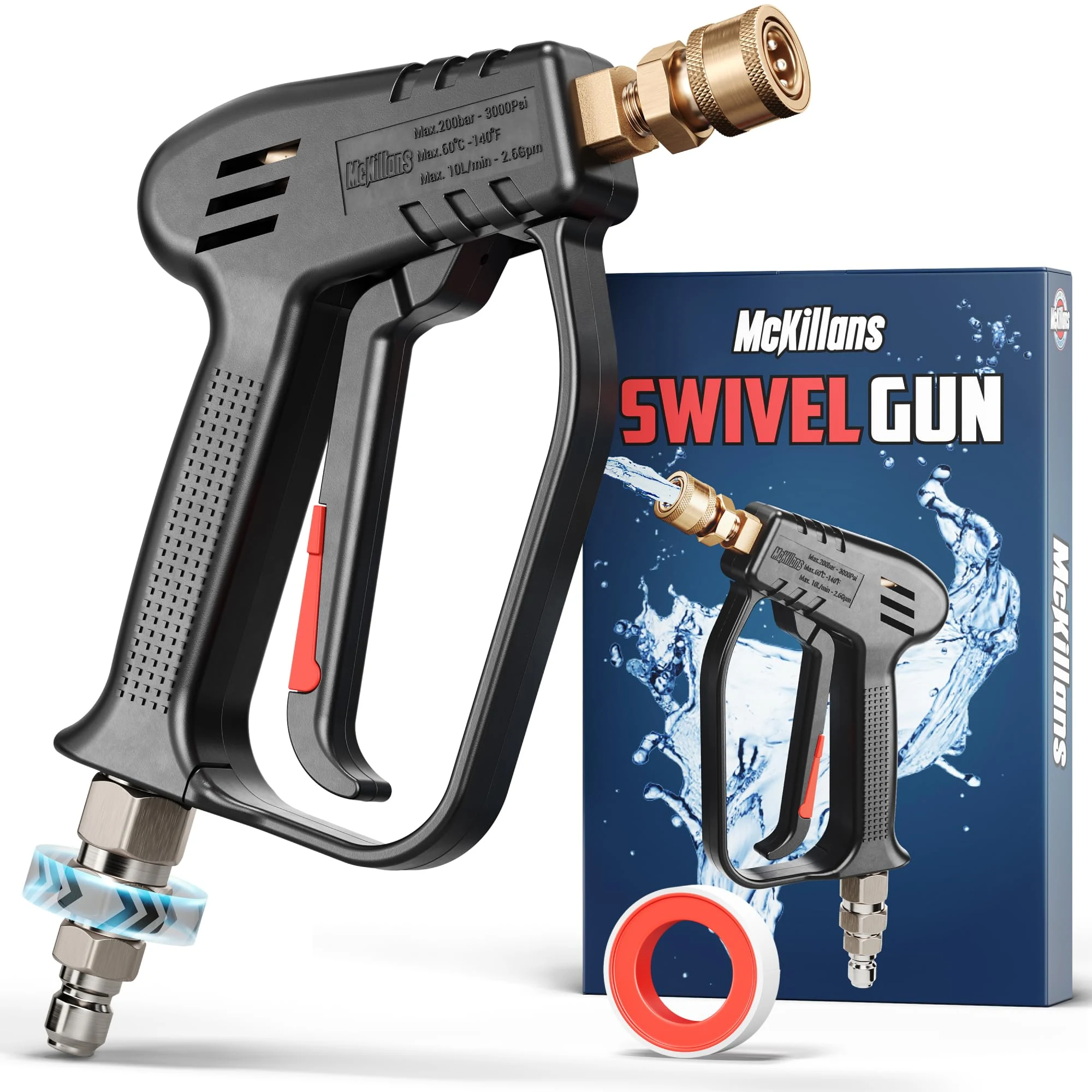 McKillans® Short Pressure Washer Gun with Swivel - High Pressure Water Handle with 3/8" Male Plug and 1/4” Quick Connector Co product photo, view 2 of 7