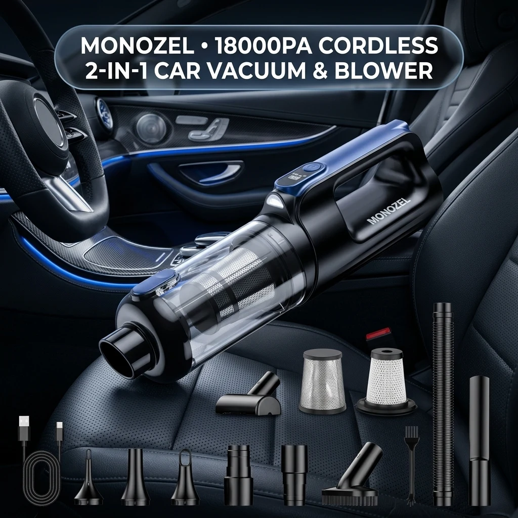 MONOZEL Car Vacuum Portable Cordless, 18000Pa 2 in 1 Vacuum Cleaner&Air Duster, 130W Brushless Motor Handheld Vacuum Cordless product photo, view 1 of 7