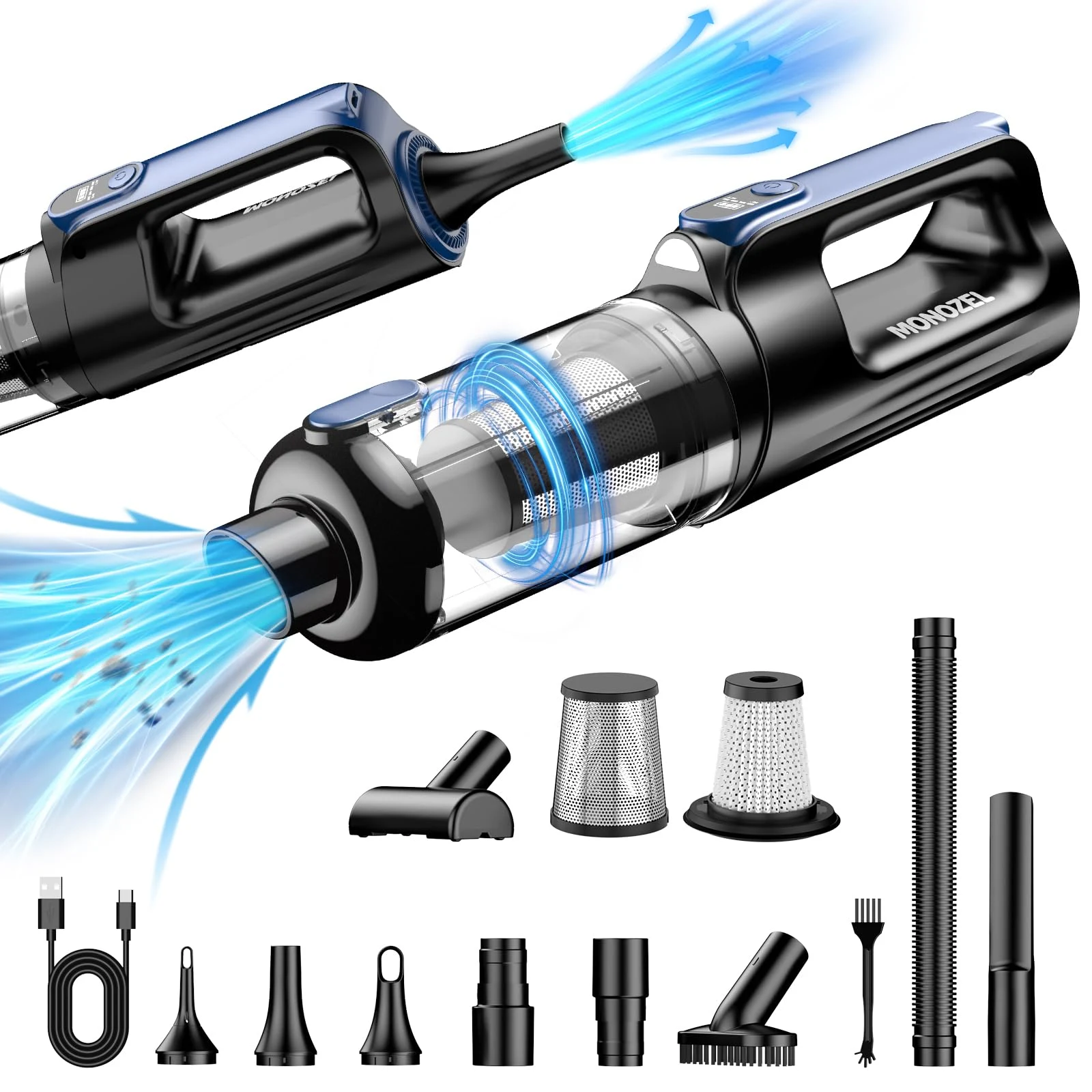 MONOZEL Car Vacuum Portable Cordless, 18000Pa 2 in 1 Vacuum Cleaner&Air Duster, 130W Brushless Motor Handheld Vacuum Cordless product photo, view 2 of 7