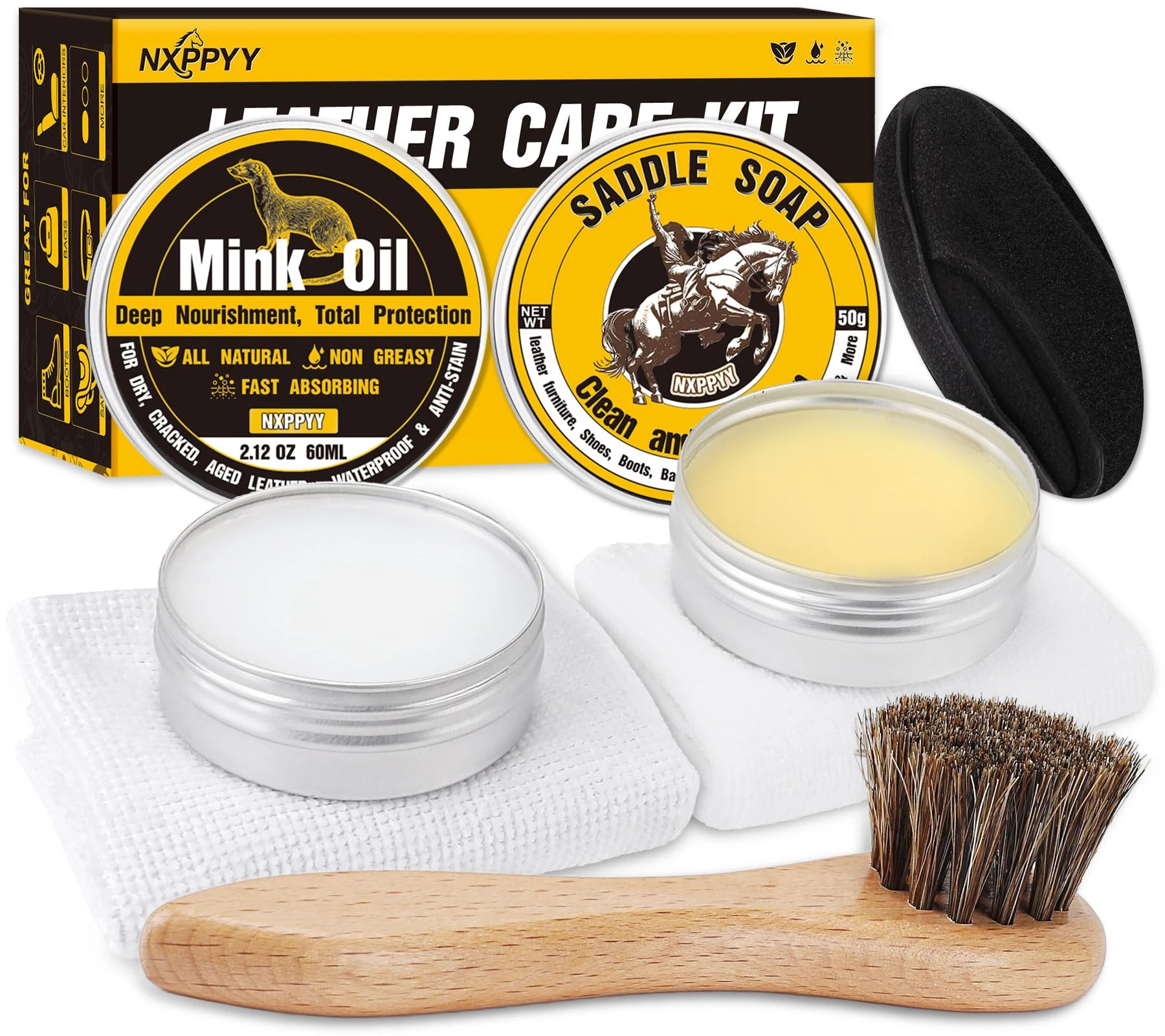 NXPPYY Leather Boot Care Kit, Mink Oil & Saddle Soap for Leather Cleaning & Leather Boots, 6-in-1 Leather Shoe Care Kit product photo, view 2 of 7