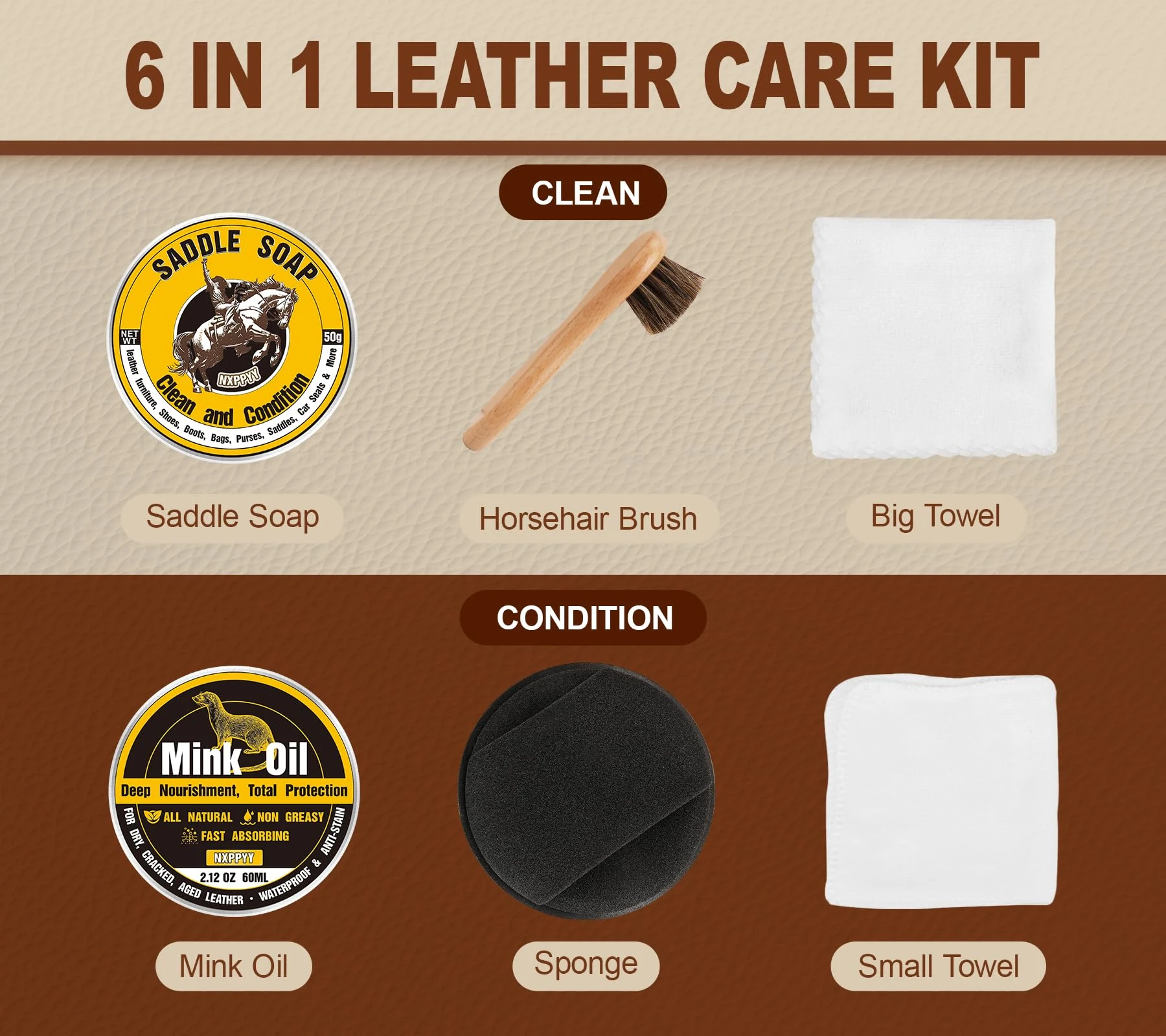 NXPPYY Leather Boot Care Kit, Mink Oil & Saddle Soap for Leather Cleaning & Leather Boots, 6-in-1 Leather Shoe Care Kit product photo, view 3 of 7