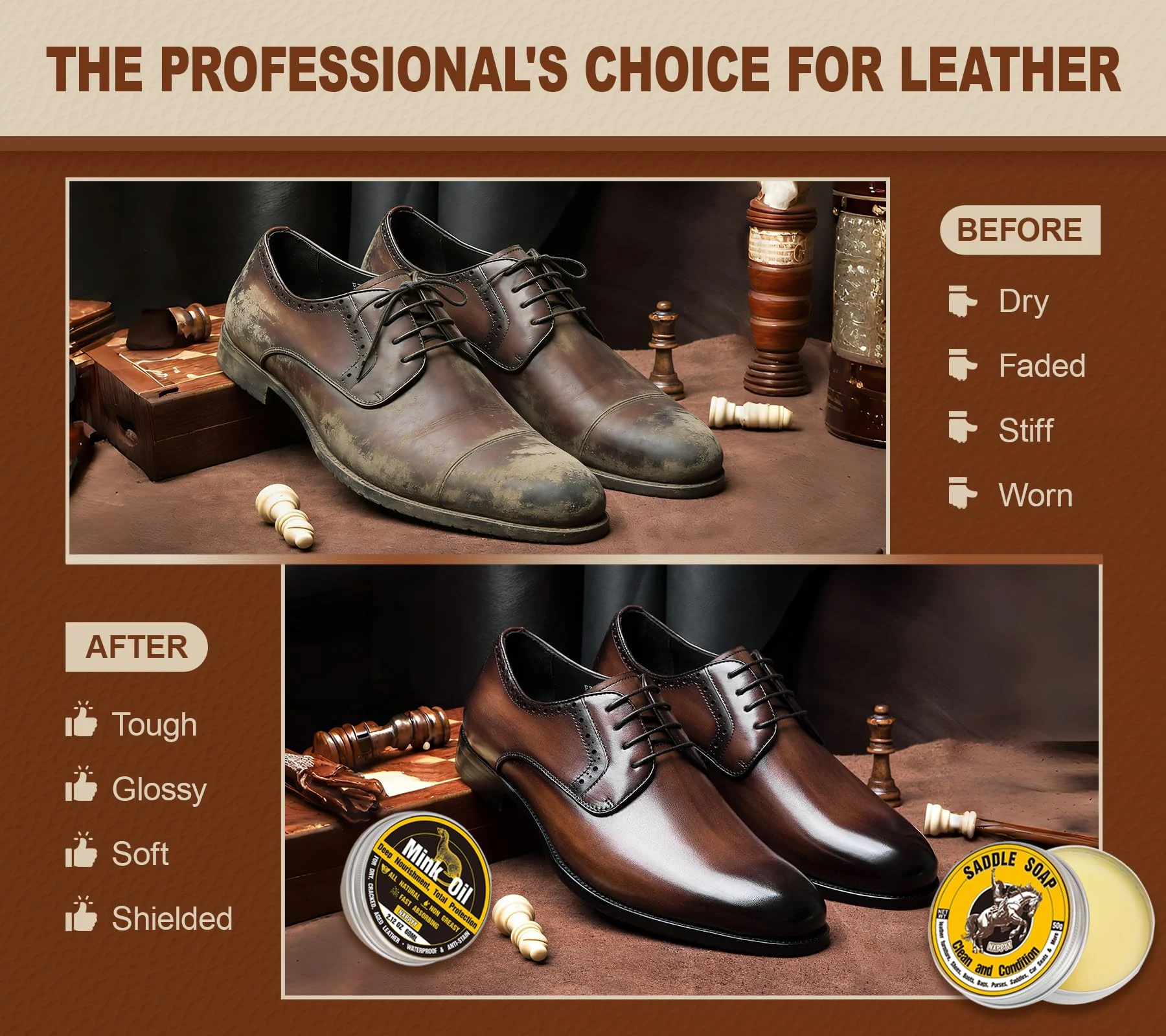 NXPPYY Leather Boot Care Kit, Mink Oil & Saddle Soap for Leather Cleaning & Leather Boots, 6-in-1 Leather Shoe Care Kit product photo, view 4 of 7