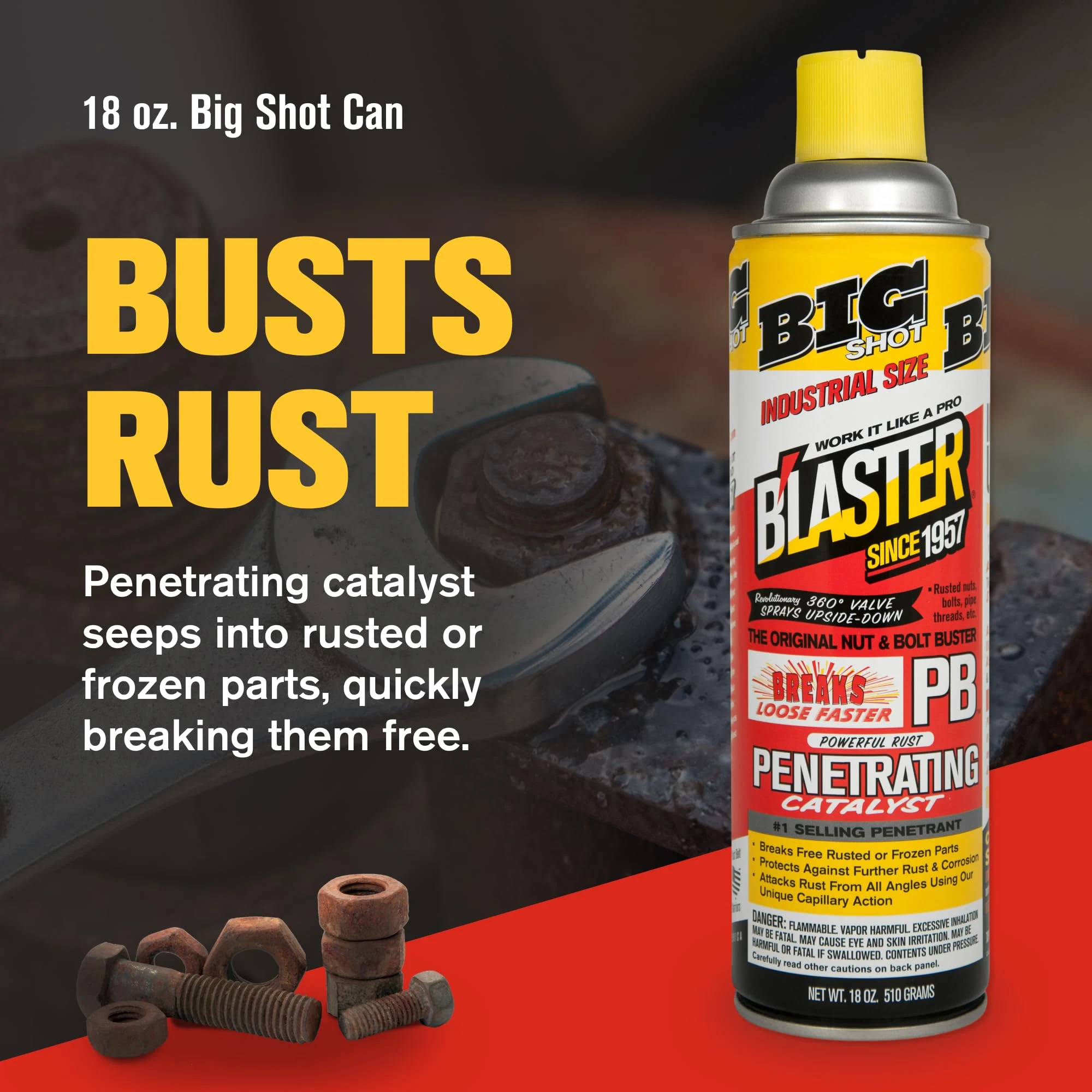 PB Blaster Penetrating Oil Spray, Big Shot 18 oz Aerosol Cans (6-Pack) – Rust Remover & Bolt Loosener for Stuck Nuts, Bolts & product photo, view 3 of 8