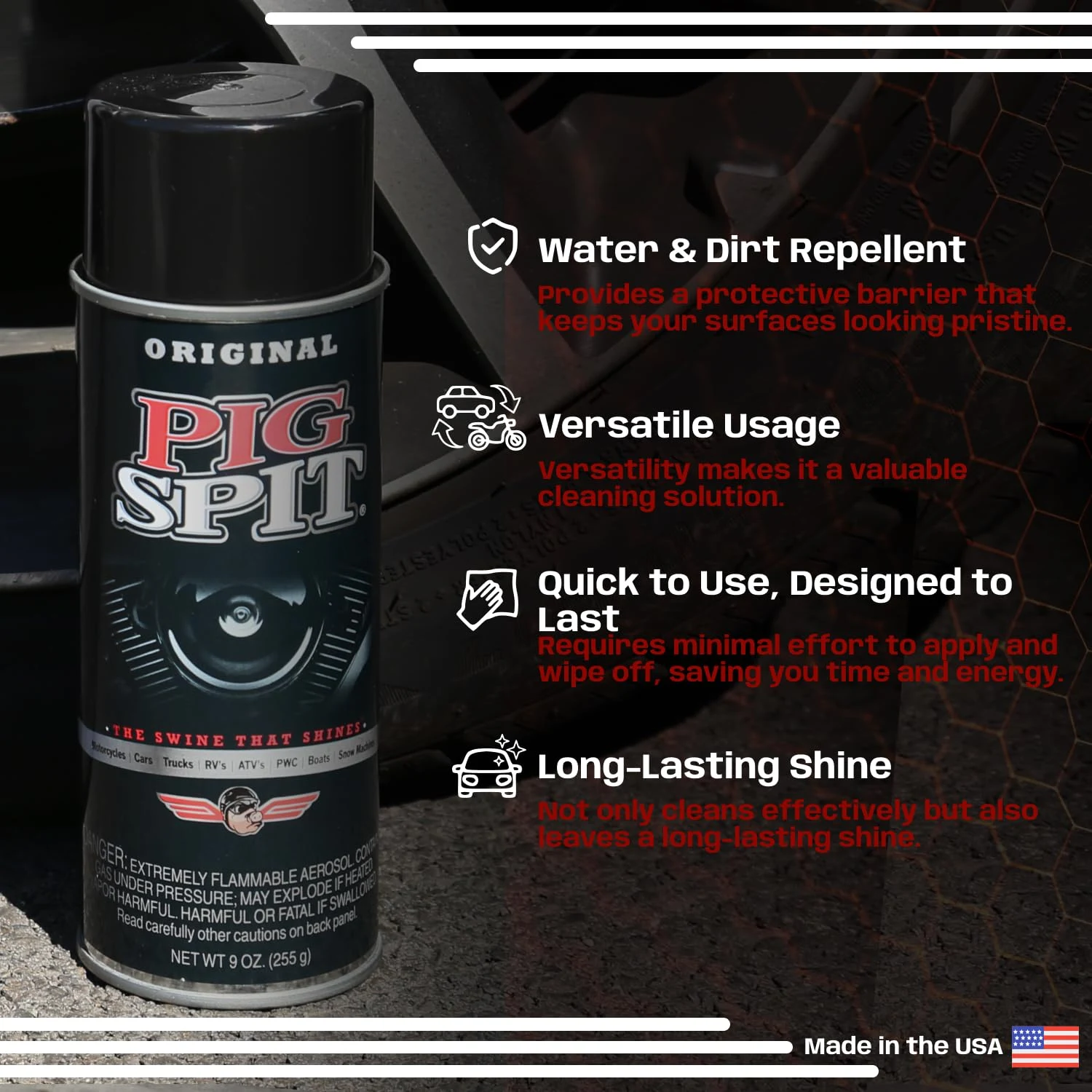 Pig Spit PSO Spit Original for Use on Motors, Transmissions, Vinyl and Black Plastic Trim Components and Tires, 9 oz, Single product photo, view 3 of 8