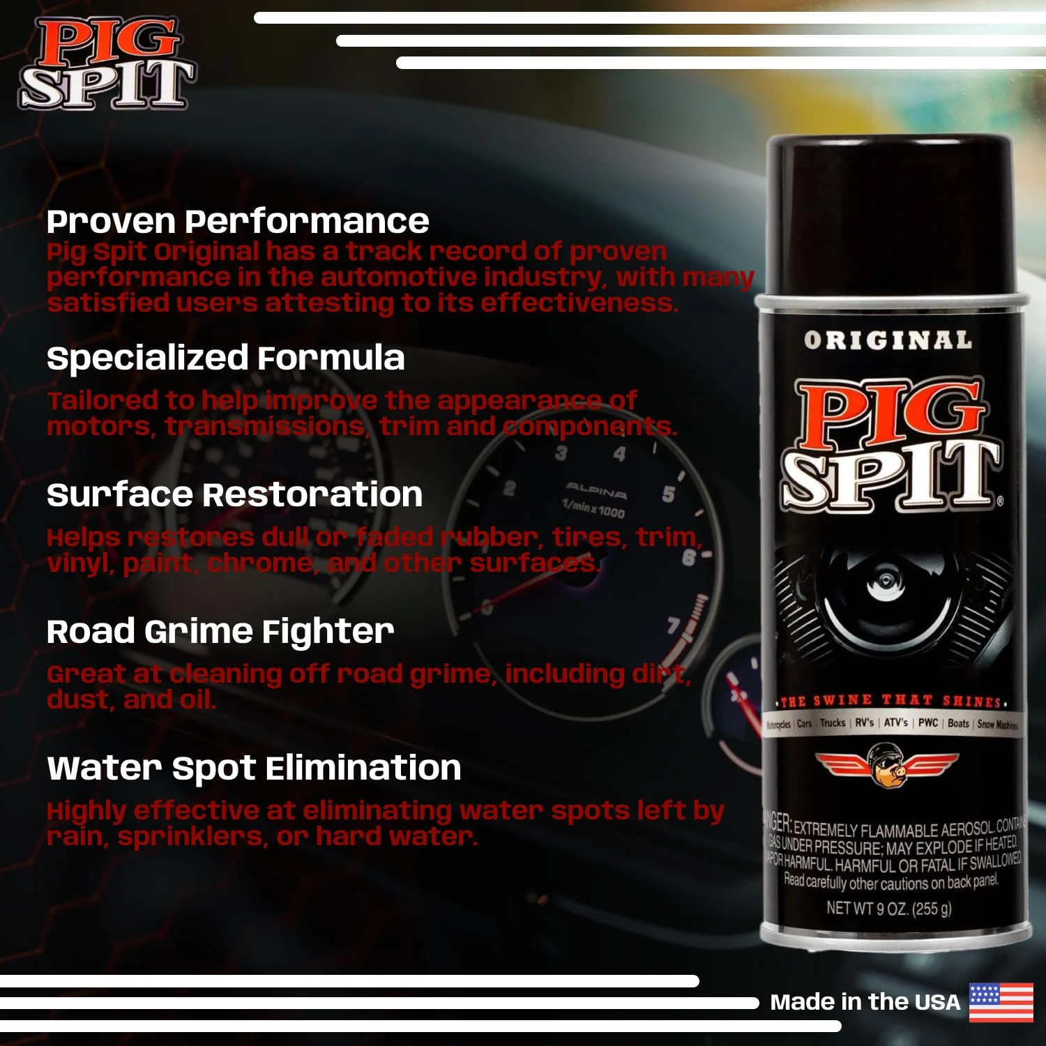 Pig Spit PSO Spit Original for Use on Motors, Transmissions, Vinyl and Black Plastic Trim Components and Tires, 9 oz, Single product photo, view 5 of 8