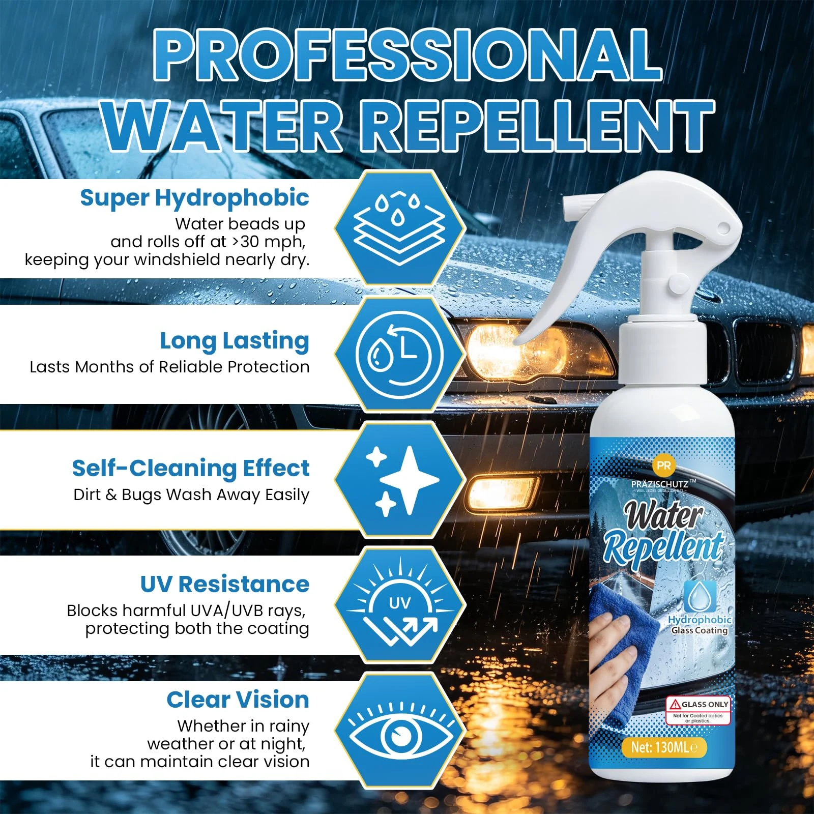 PRAZISCHUTZ Glass Water Repellent Spray – Hydrophobic Coating for Car Windshield, Side Windows & Mirrors, Multi-Surface Water product photo, view 4 of 7