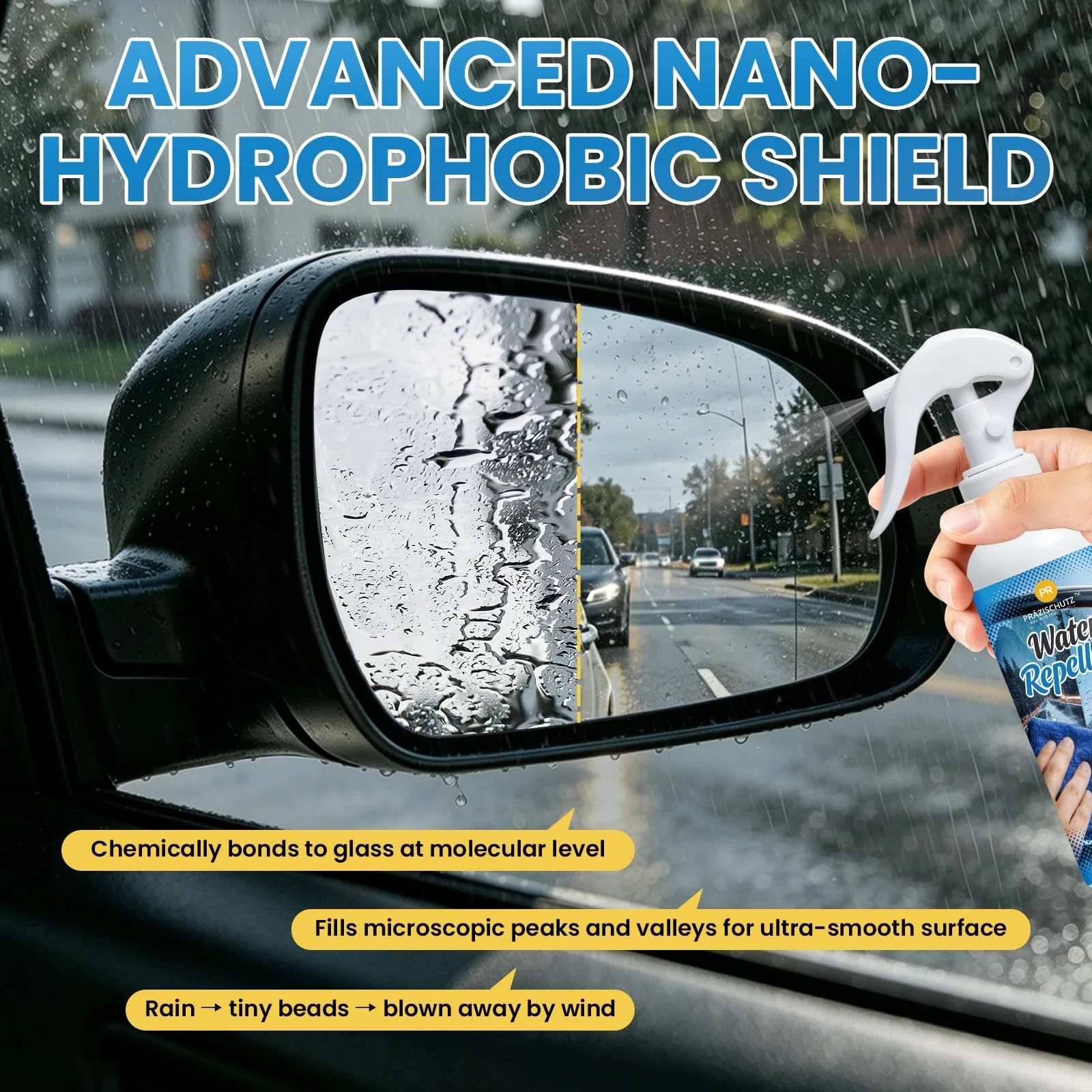 PRAZISCHUTZ Glass Water Repellent Spray – Hydrophobic Coating for Car Windshield, Side Windows & Mirrors, Multi-Surface Water product photo, view 5 of 7