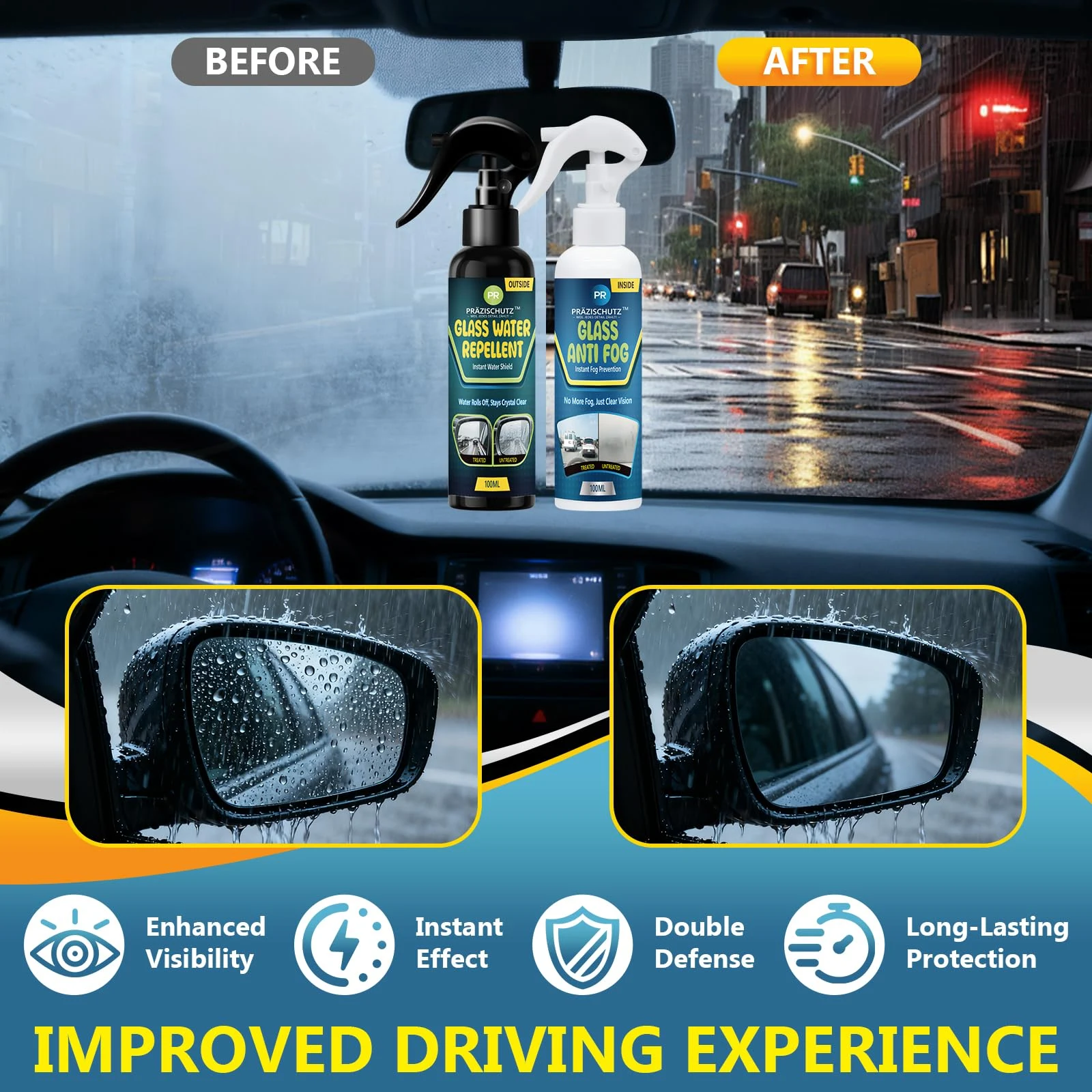 PRAZISCHUTZ Glass Water Repellent Spray & Anti Fog Spray for Car Windshield, Long Lasting Waterproof & Fog-Free Coating for C product photo, view 6 of 9