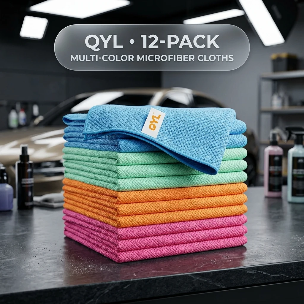 QYL Microfiber Cleaning Cloth,12 Pack Cleaning Rags, Cleaning Towels with 4 Color Assorted, 11.8"X11.8"(Green/Blue/Yellow/Pin product photo