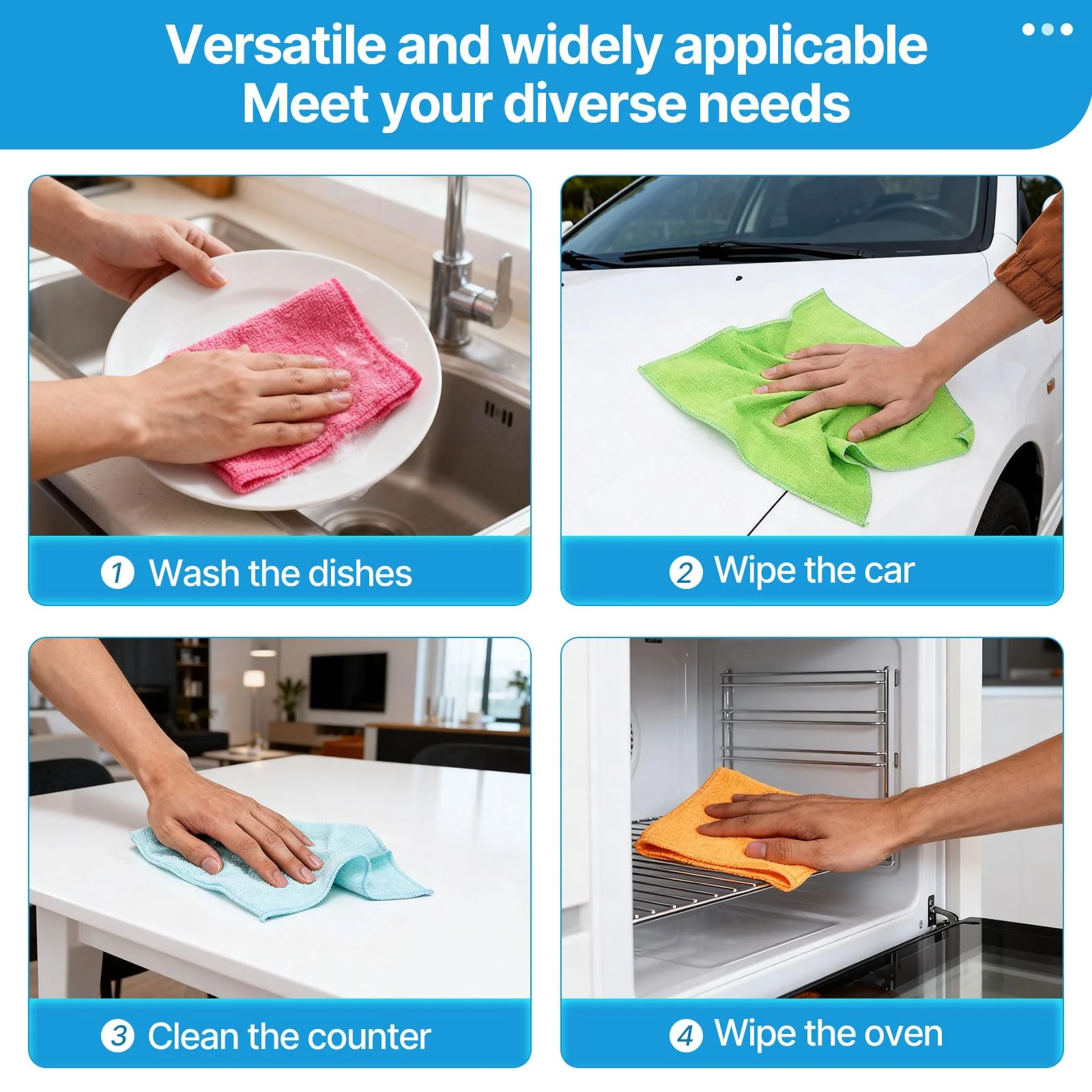 QYL Microfiber Cleaning Cloth,12 Pack Cleaning Rags, Cleaning Towels with 4 Color Assorted, 11.8"X11.8"(Green/Blue/Yellow/Pin product photo, view 7 of 8