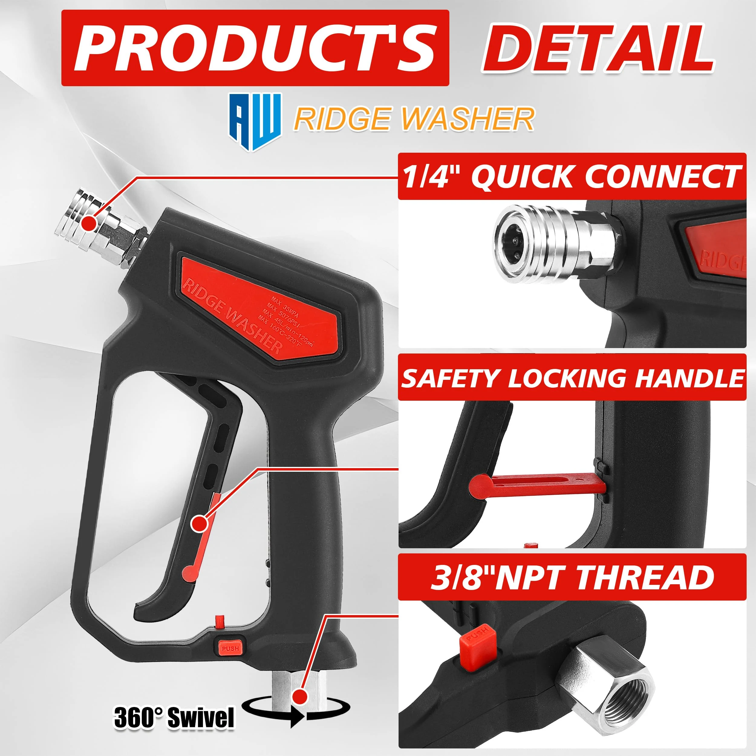 RIDGE WASHER Pressure Washer Gun 5000 PSI, 1/4'' Quick Connector product photo, view 3 of 7